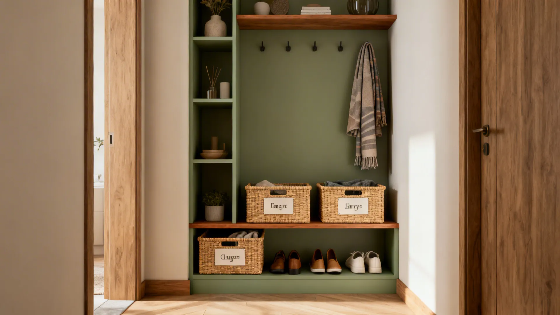 Tall narrow shelving with labeled woven bins storing shoes and scarves in a small entryway.