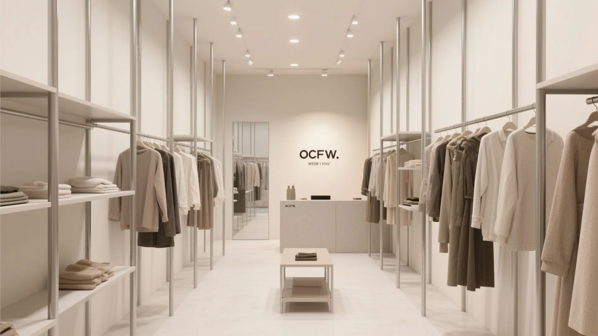 Minimalist clothing store with white walls, metal racks holding beige garments, and a simple counter