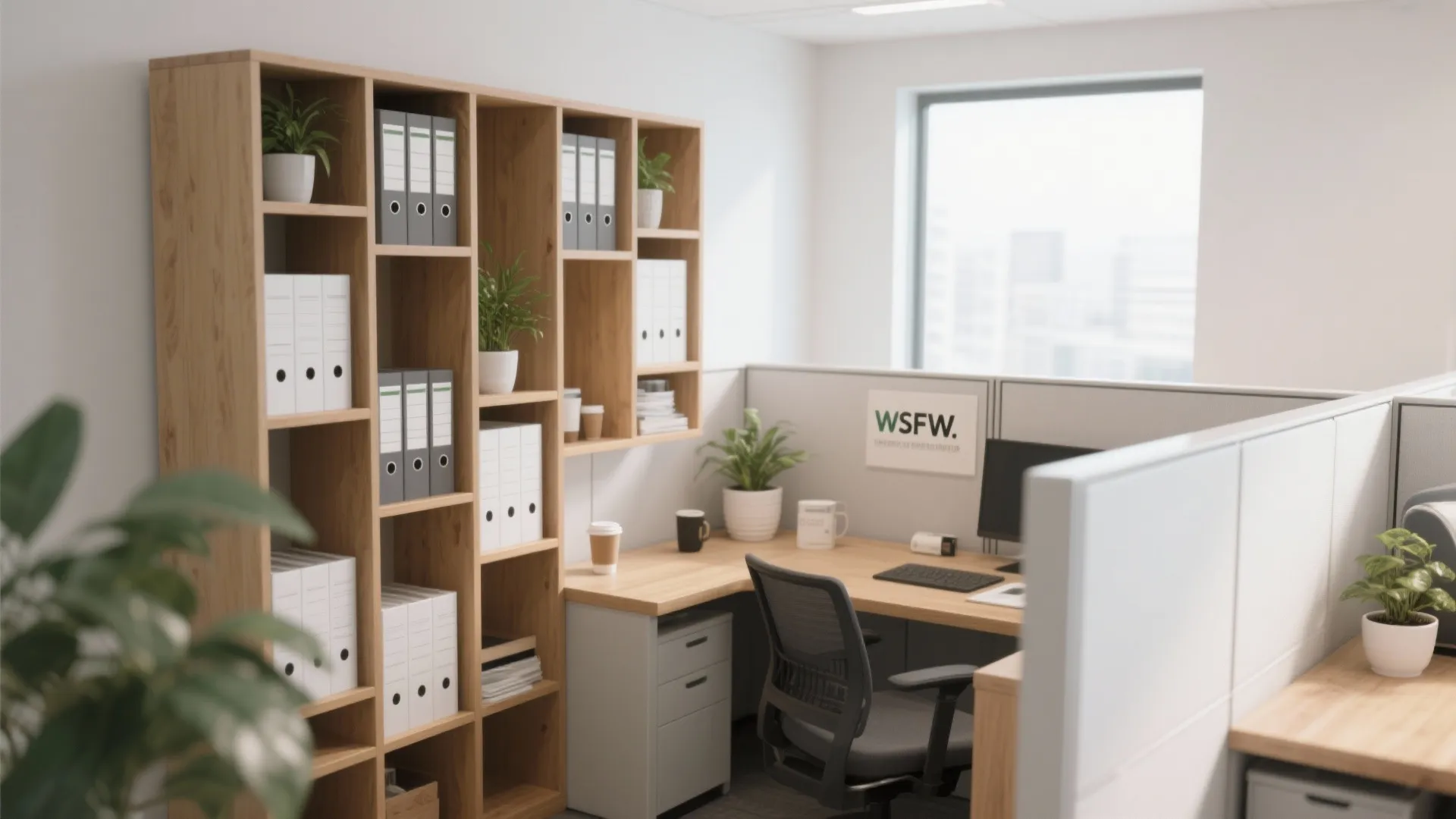 Tall wooden bookshelf with folders beside office desk featuring computer, chair and green indoor plants