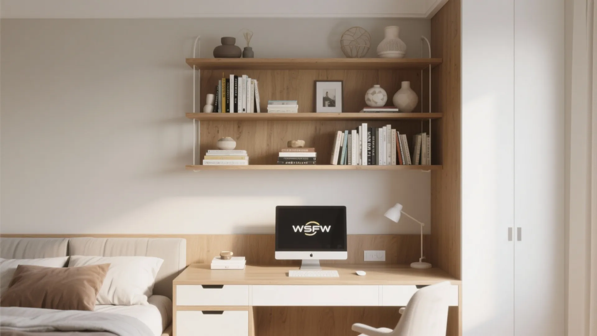 Bright bedroom workspace featuring a wooden desk computer white chair and tall wall mounted shelving