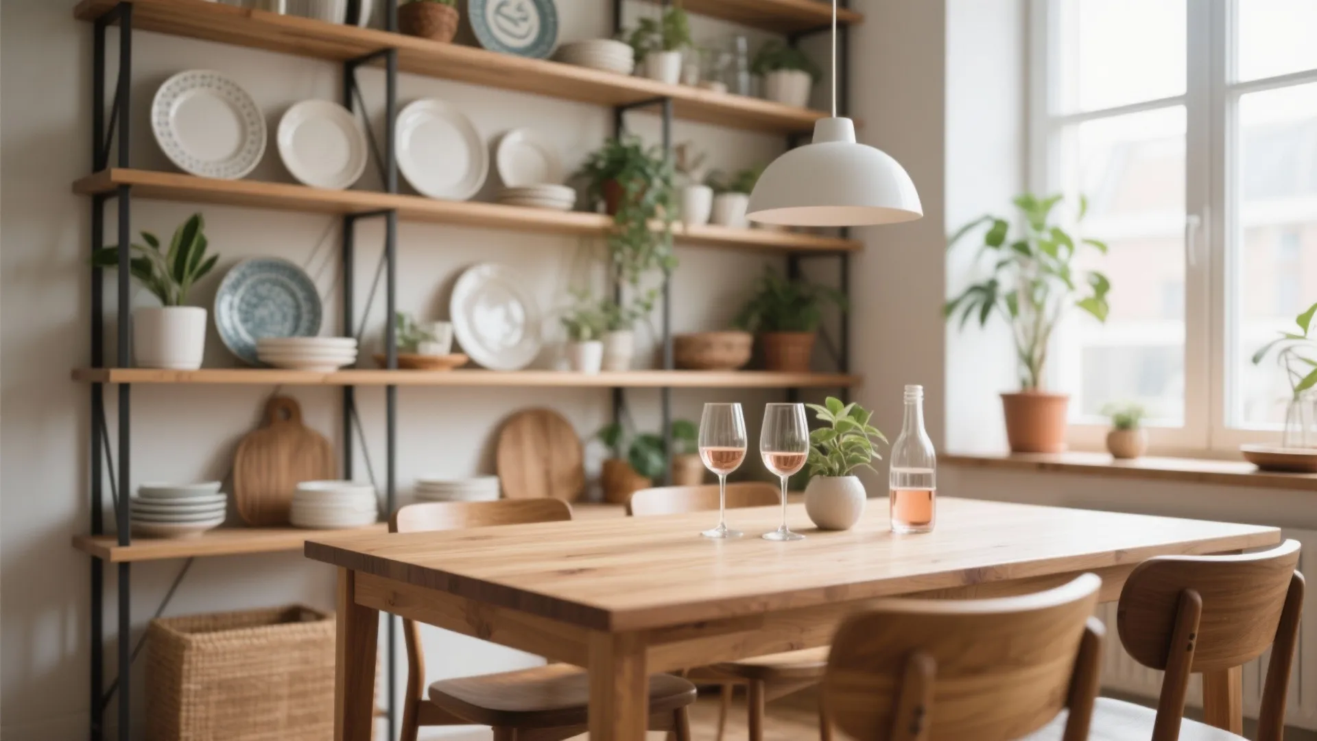 Wooden dining table with two wine glasses and white ceiling light next to large wall shelves