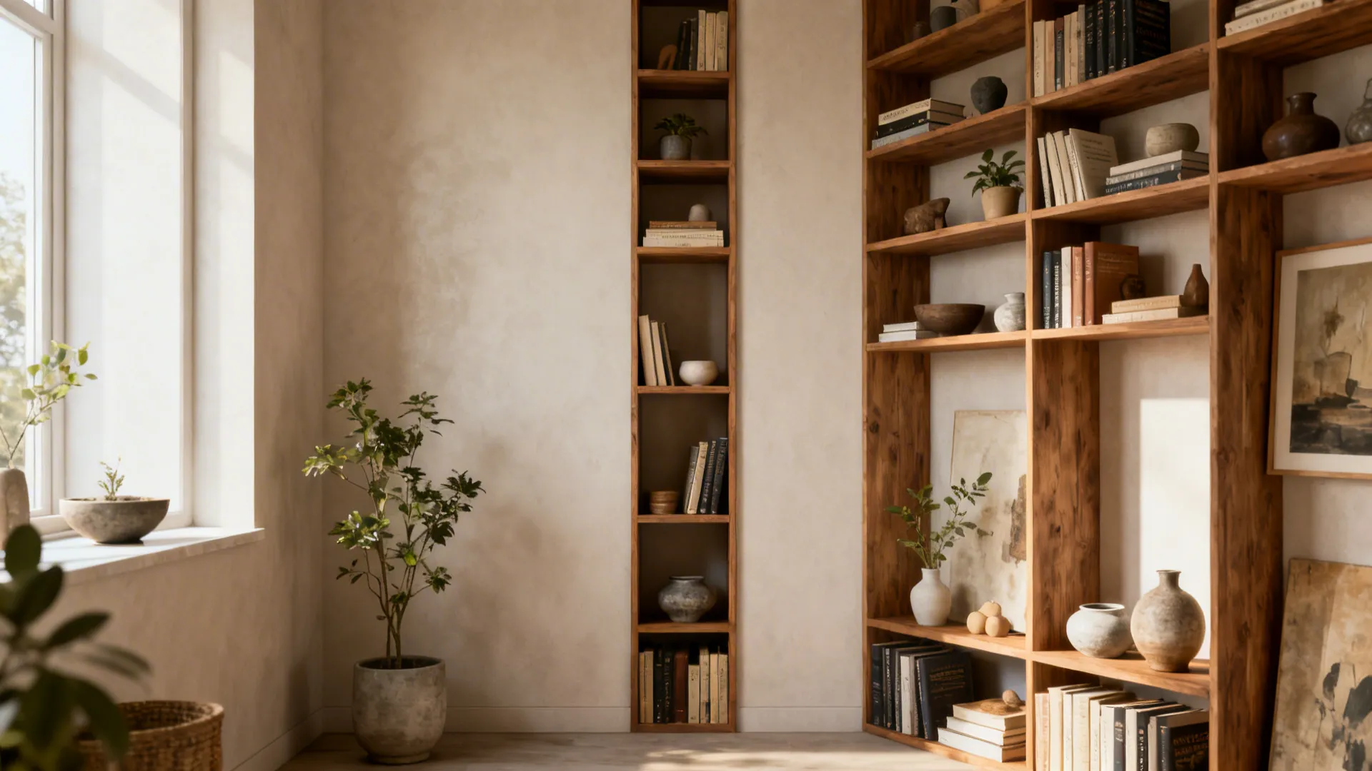 Tall narrow shelving unit in a corner styled with books, plants and decor, lifting the room visually