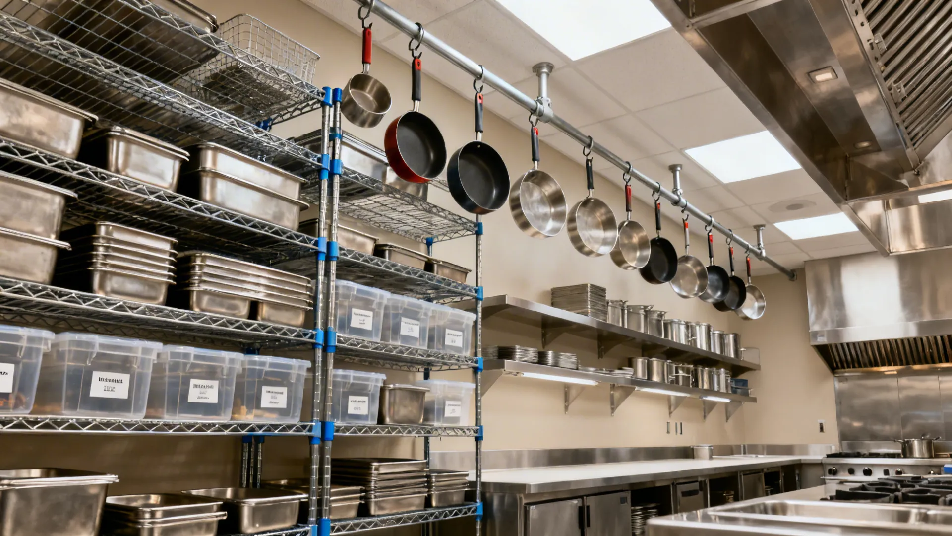 Vertical epoxy-coated wire shelving and ceiling pot rails clear counters in a compact hotel kitchen.