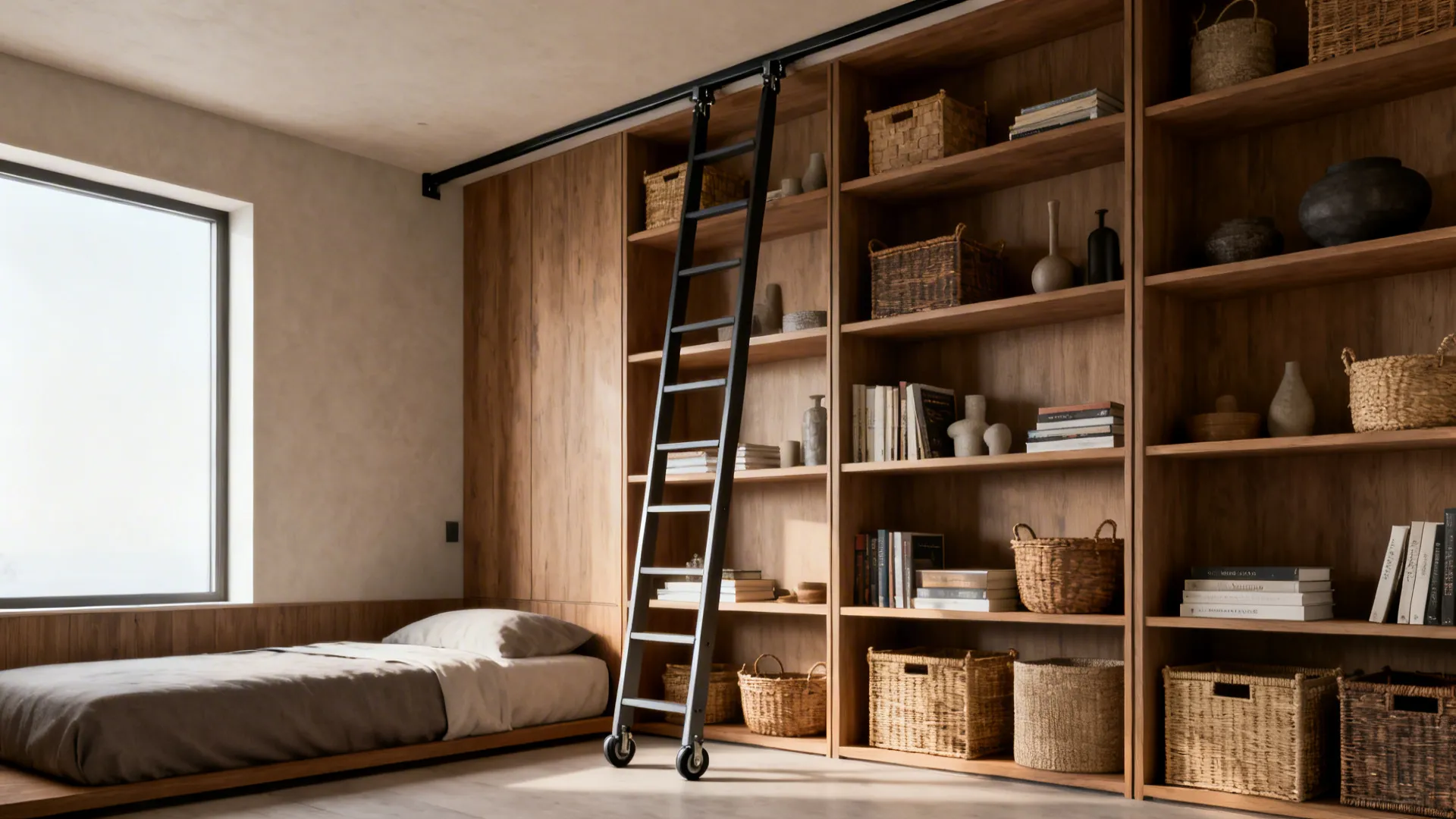 Floor-to-ceiling shelving with a slim rolling ladder, styled with baskets and books in a narrow bedroom.