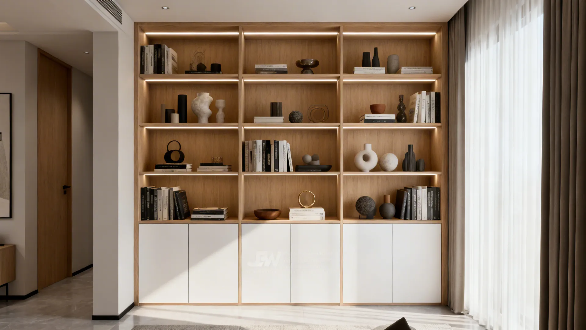Floor-to-ceiling open shelves with integrated lighting defining a compact living area