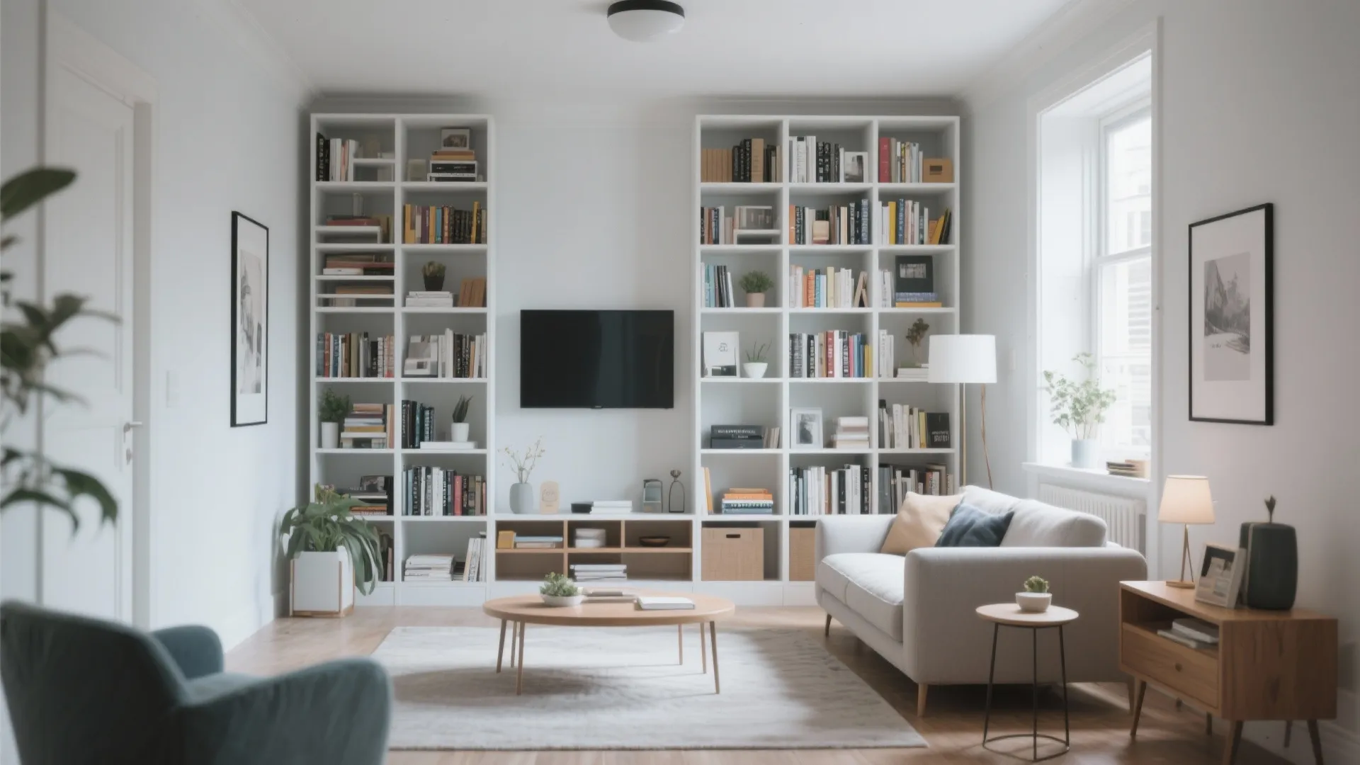 Bright living room with white bookshelves surrounding a television above a sofa and round table
