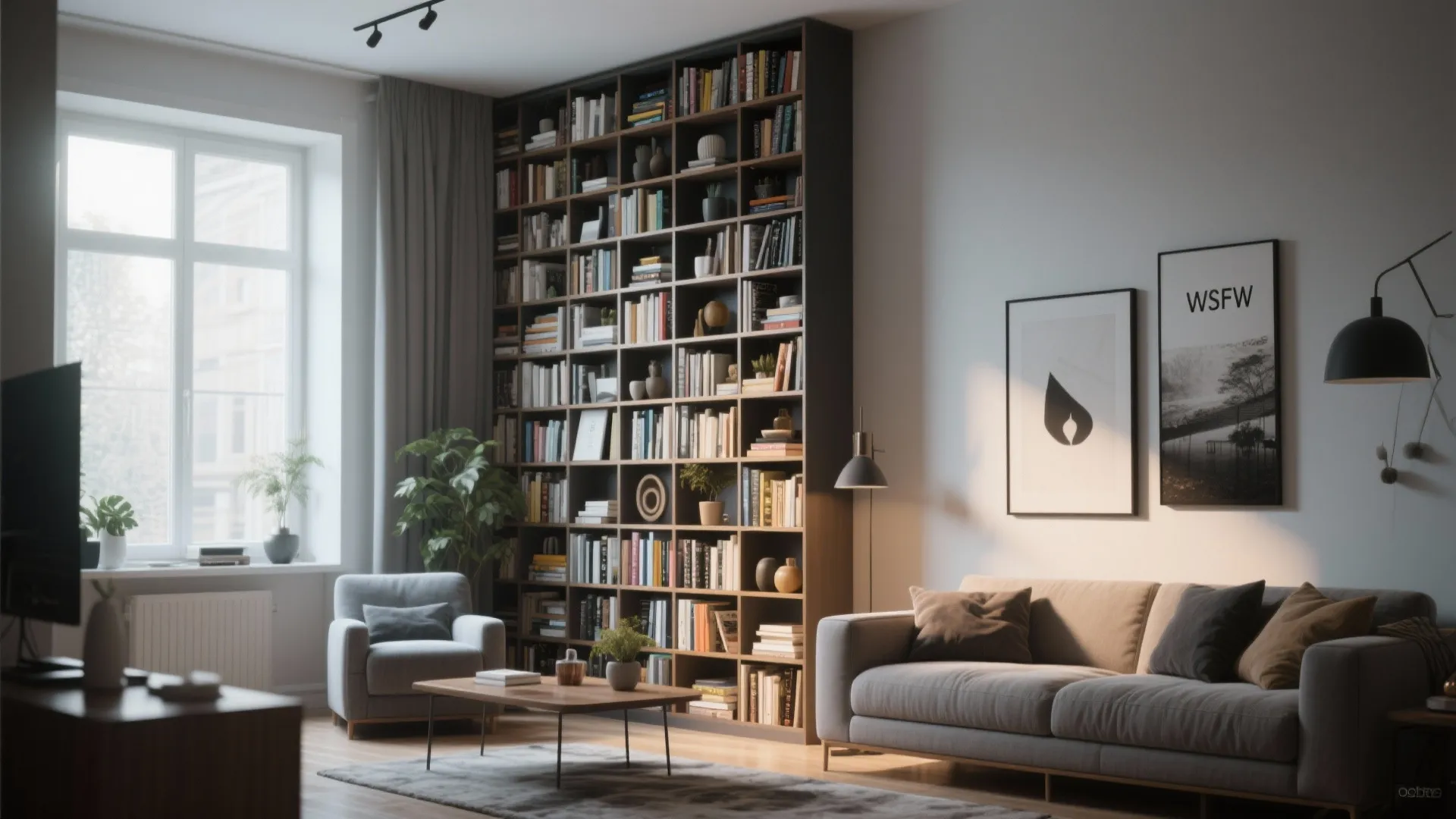 Modern living room with floor to ceiling bookshelf grey sofa armchair coffee table and wall light