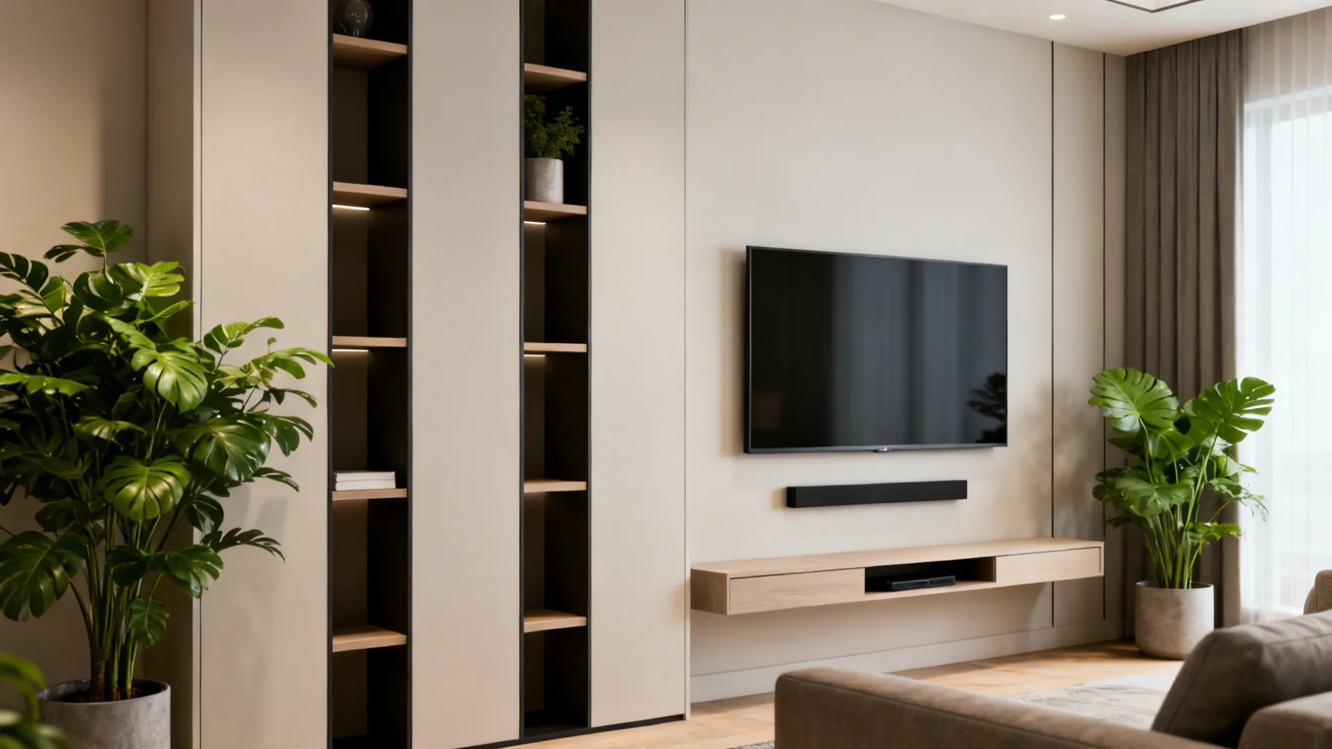 Vertical shelving and a slim wall-mounted media unit in a compact living room, with open shelf space.