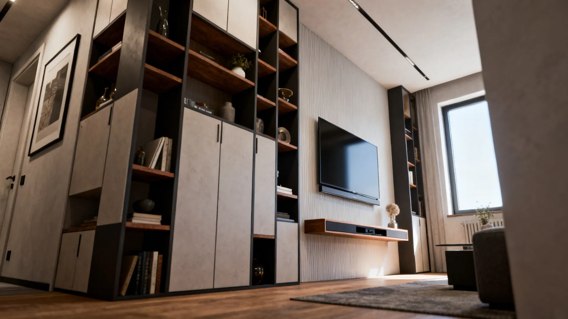 Tall shelving and slim wall-mounted media console stretching the eye upward
