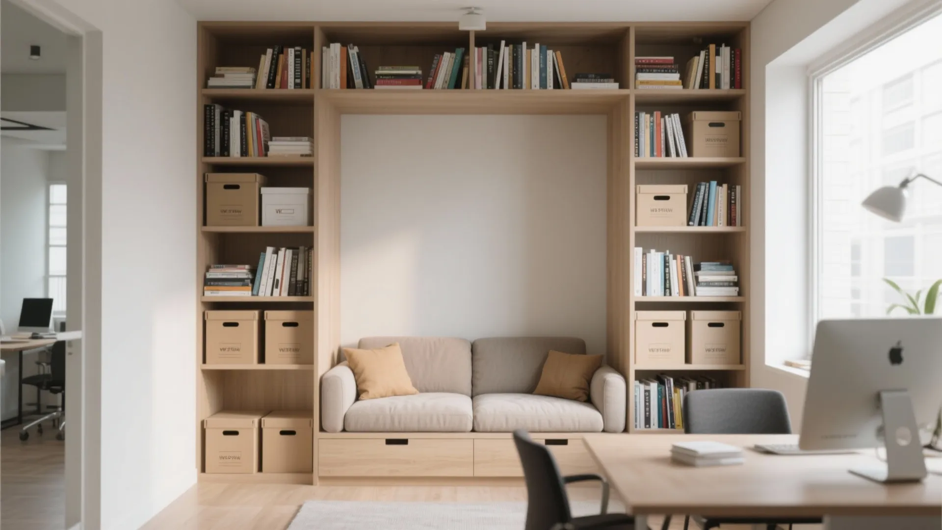 Tall shelving framing a sleeper sofa in small office