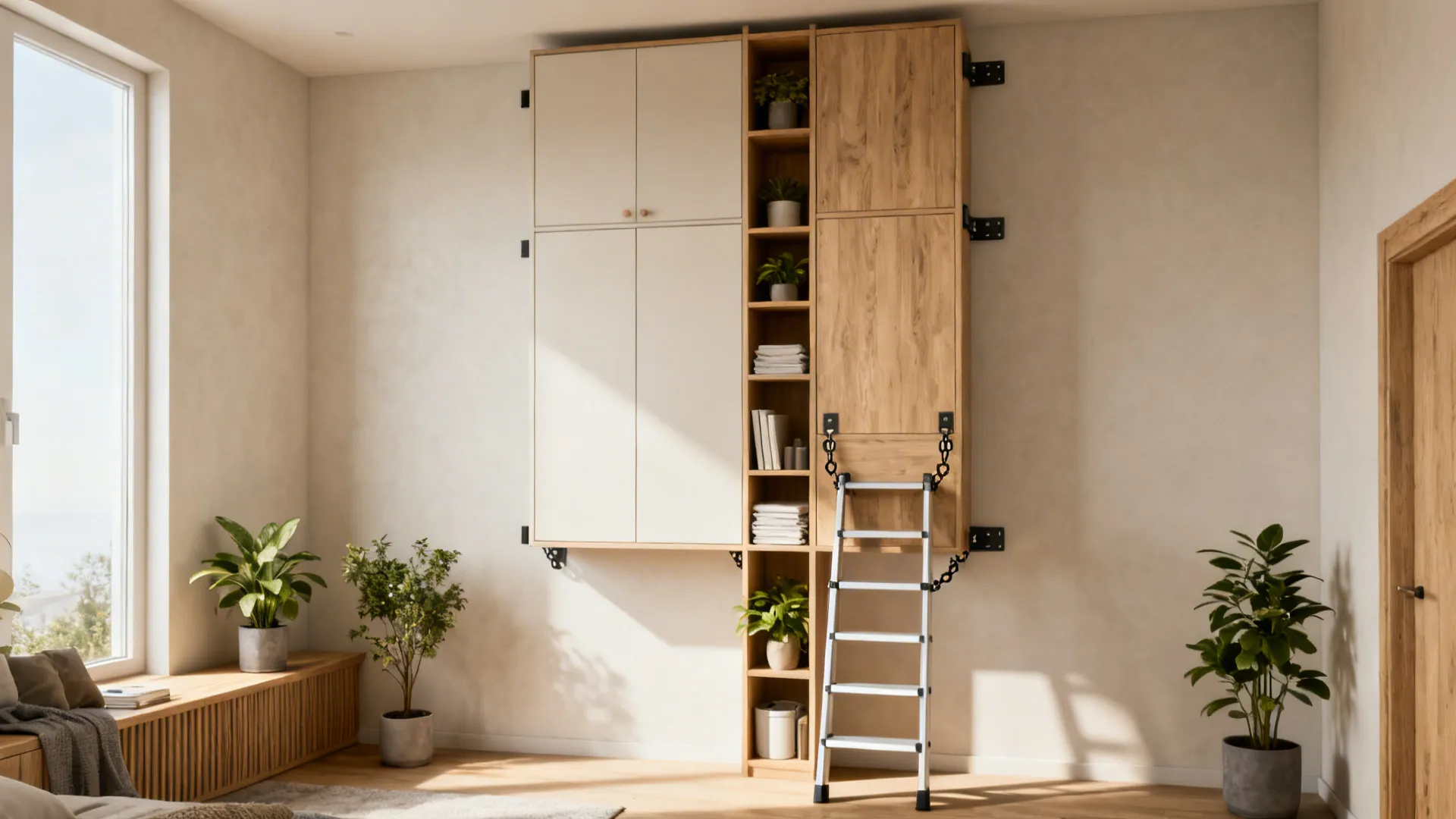 Tall slim shelving units anchored to the wall in a small living space for vertical storage