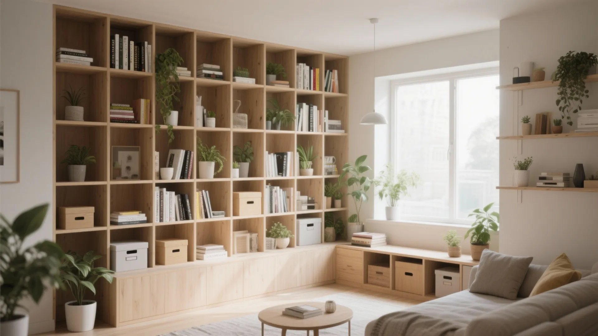 Floor-to-ceiling vertical shelving in a compact living room