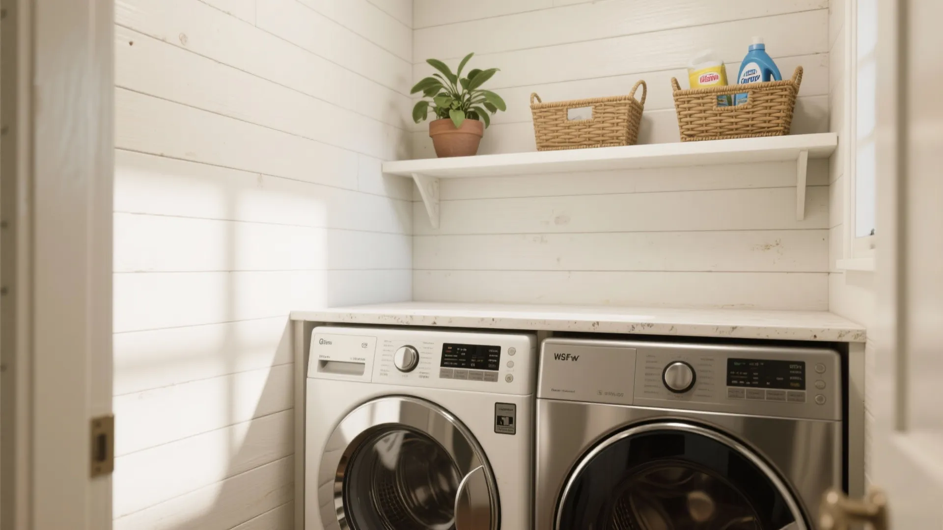 1. Classic White Vertical Shiplap with Floating Shelf