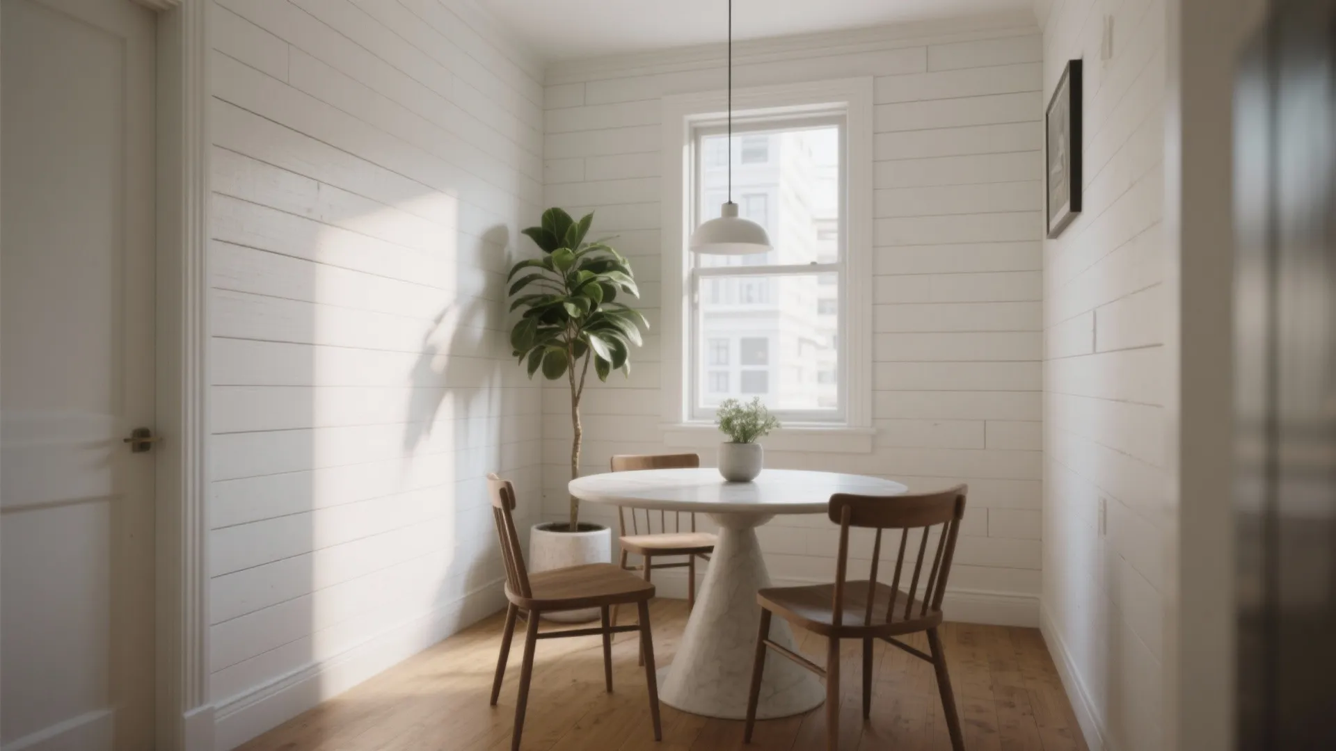 Minimalist dining area with white wall panels marble table wooden chairs plant and hanging ceiling light