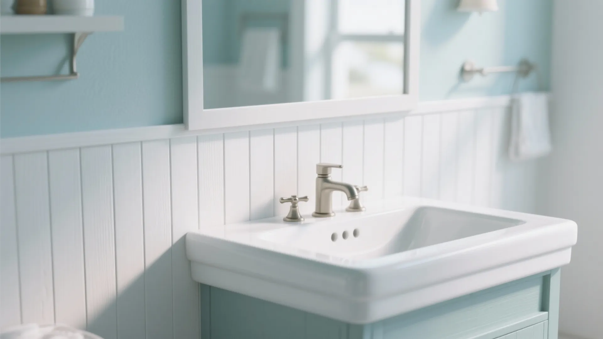 Modern blue bathroom featuring white wall panel design with a ceramic sink and silver faucet