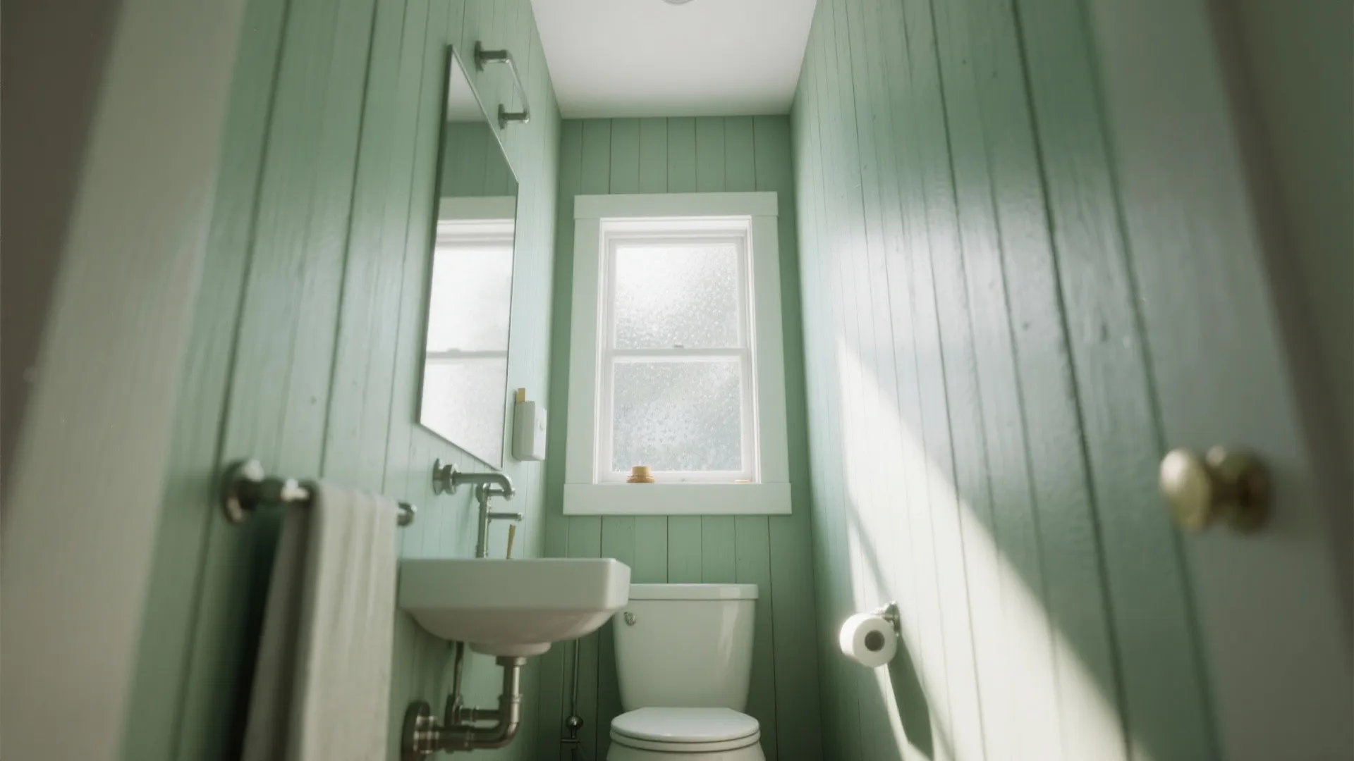 Small green bathroom with vertical wall panel design white toilet sink mirror and roof window
