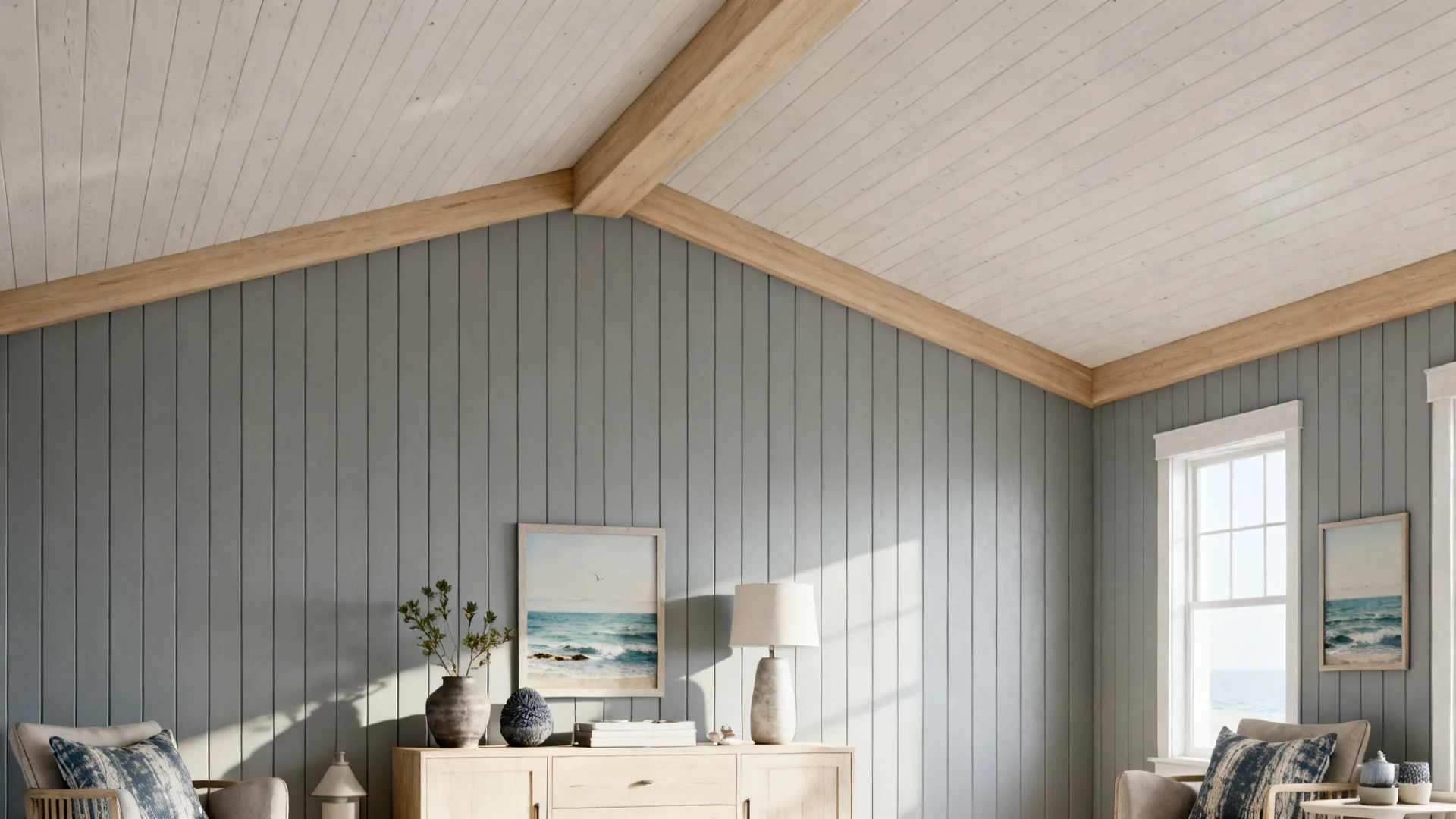 Vaulted living room with vertical gray shiplap accent wall drawing the eye upward.