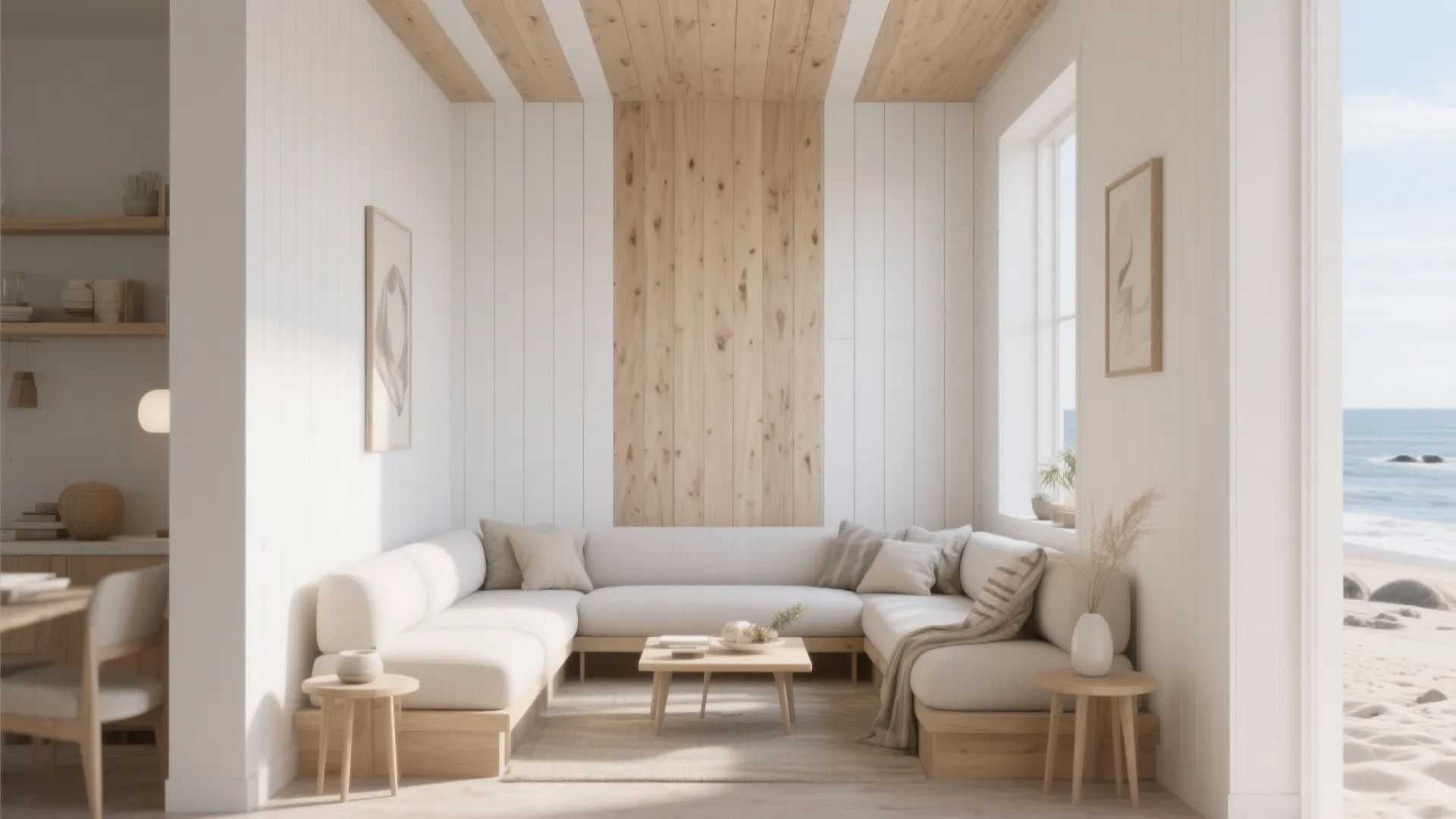 Bright room with wood wall panels, white sofa, coffee table, and blue ocean view window
