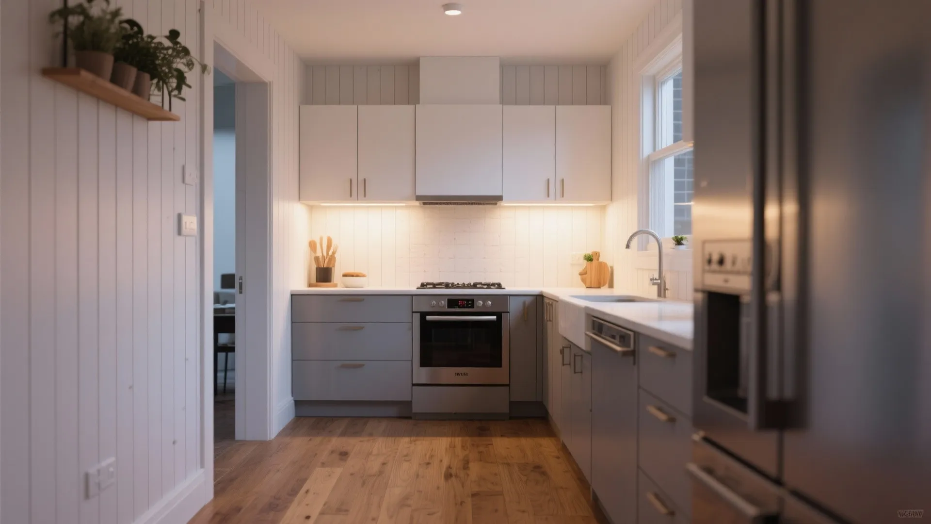 Modern white kitchen with wood flooring grey lower cabinets white upper cabinets and stainless steel oven