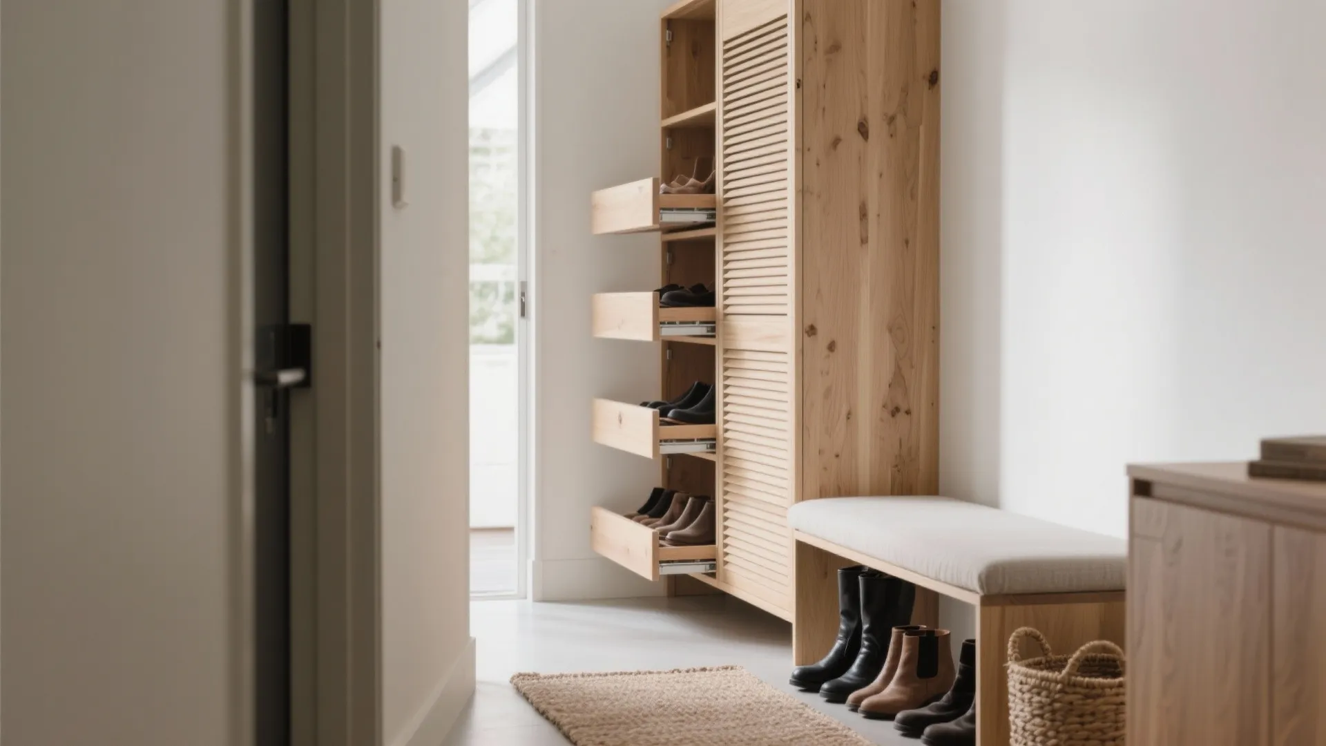 Tall wooden shoe cabinet with open pull out drawers next to a bench with boots