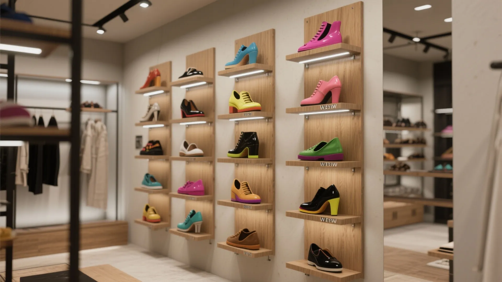 Modern shop interior featuring colorful shoes on vertical wooden wall shelves with integrated light fixtures