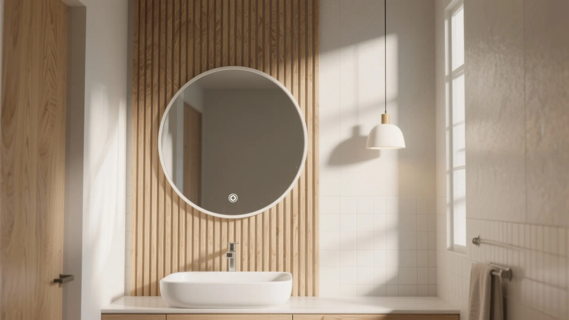 2. Vertical slat wall in white oak as a focal backdrop