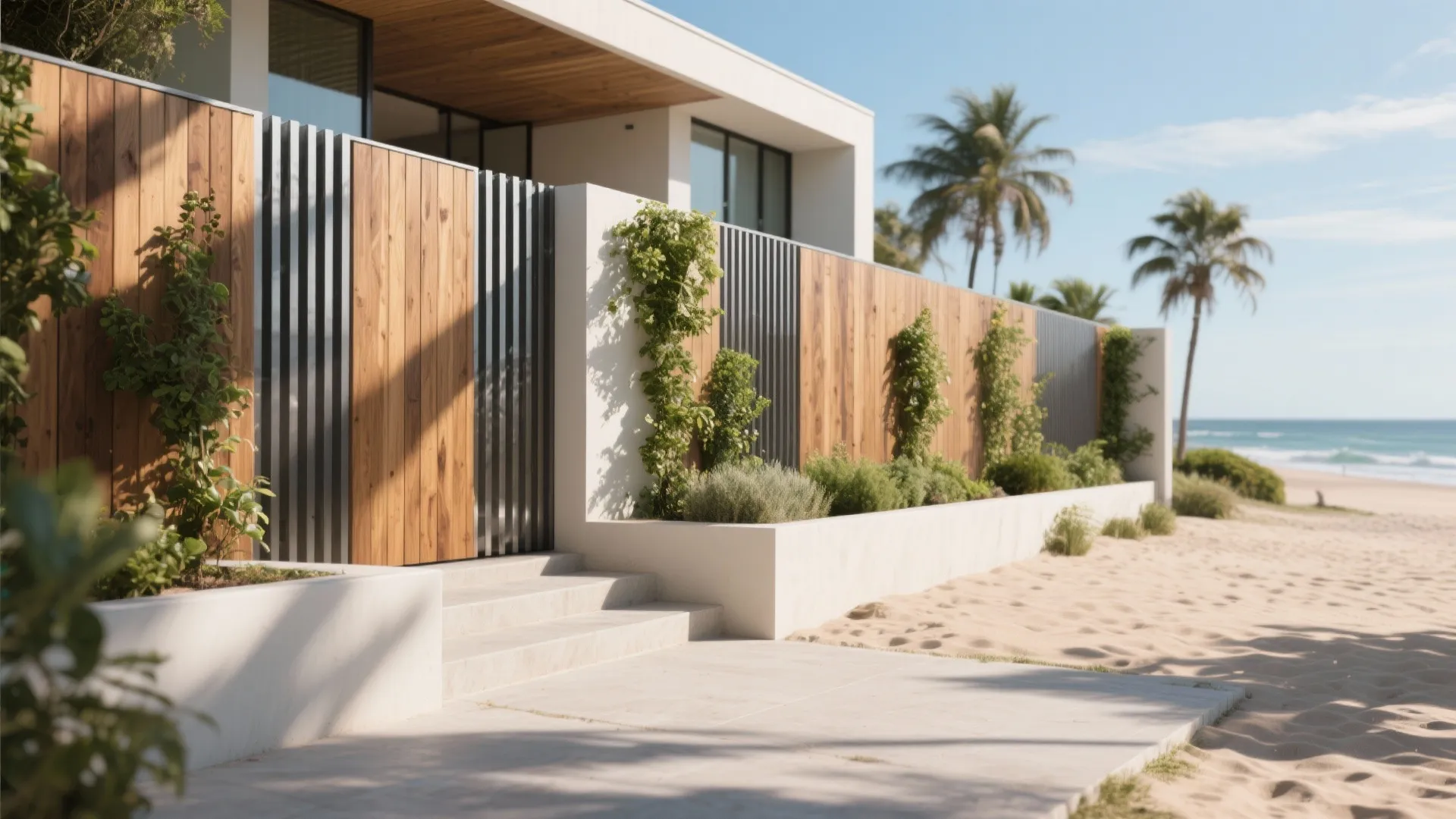 Modern beach house fence made of wood panels and metal slats near blue ocean water