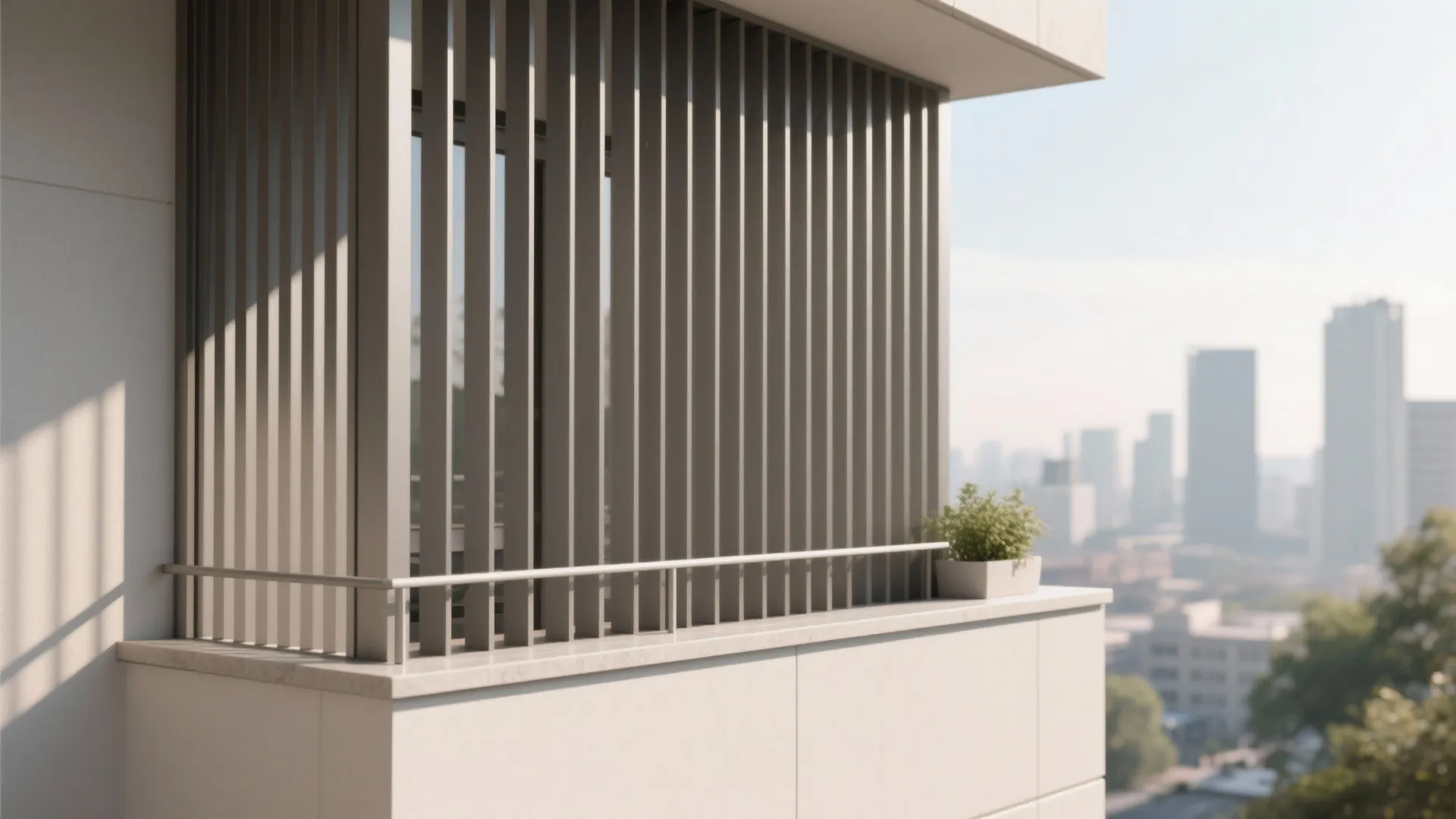 Vertical warm-gray aluminum slat façade filters light and adds height to a small balcony.