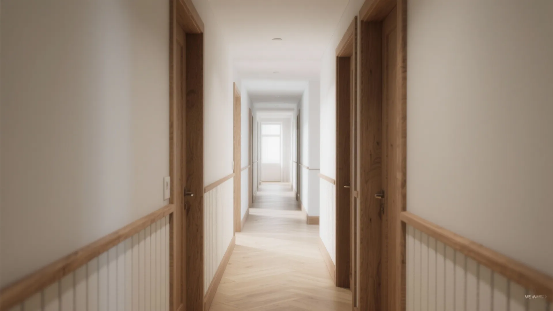 Long bright hallway featuring light wood doors white walls with matching wood wall panel details