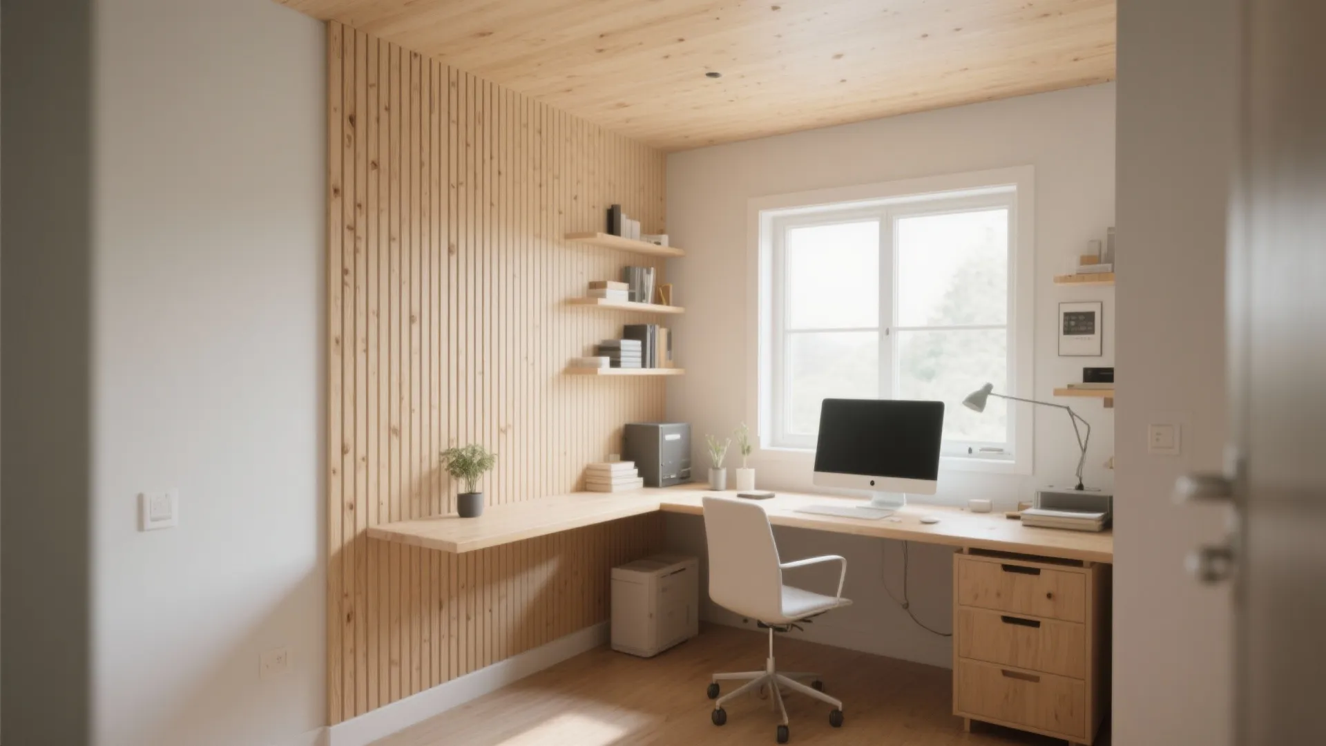 Small office with light wood vertical slat wall panels