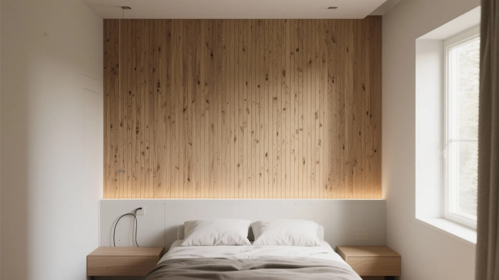 Vertical oak slat wall panel in a small bedroom that creates visual height