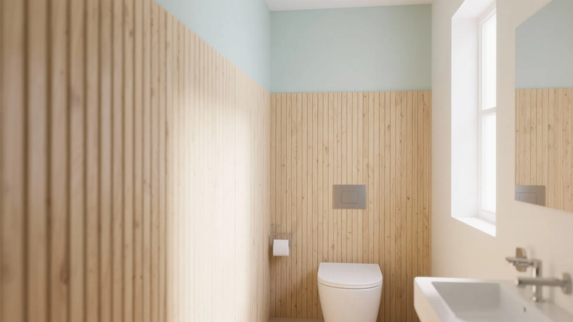 Light-stained vertical slat panels make a small bathroom feel taller