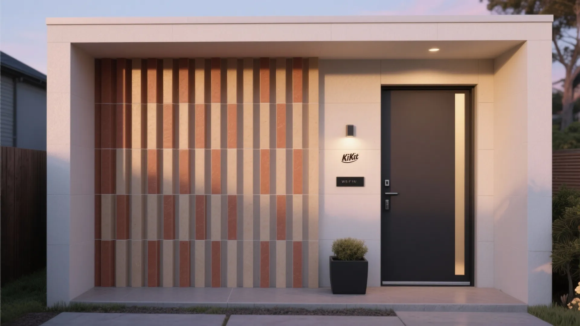2) Vertical slat tiles in warm neutrals
