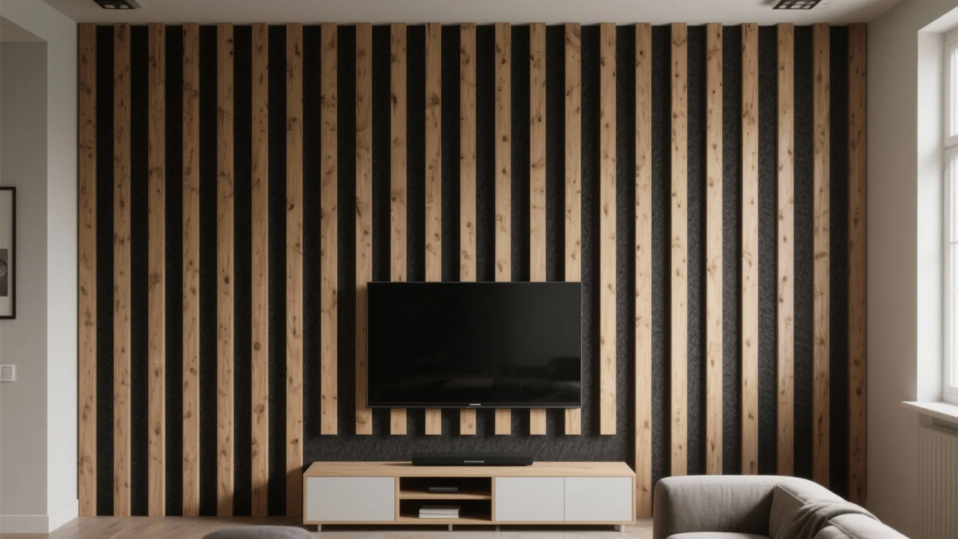 Vertical Pine Slat Wall with Acoustic Intent