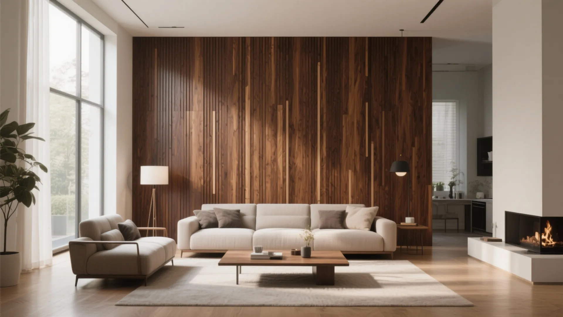 Living room with floor-to-ceiling walnut slat wall for added height