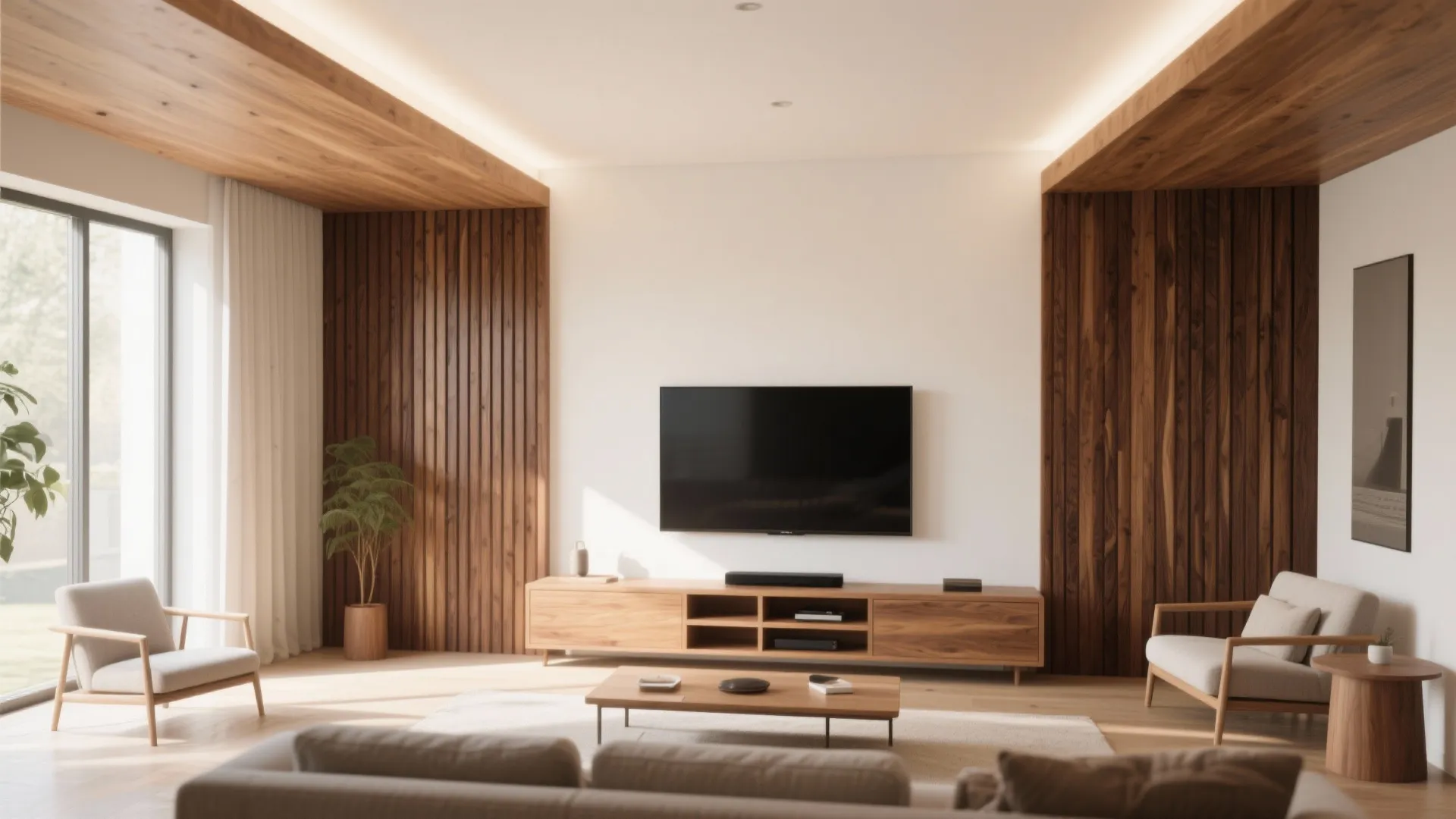 Modern living room with vertical wood wall paneling surrounding a wall mounted television and cabinet