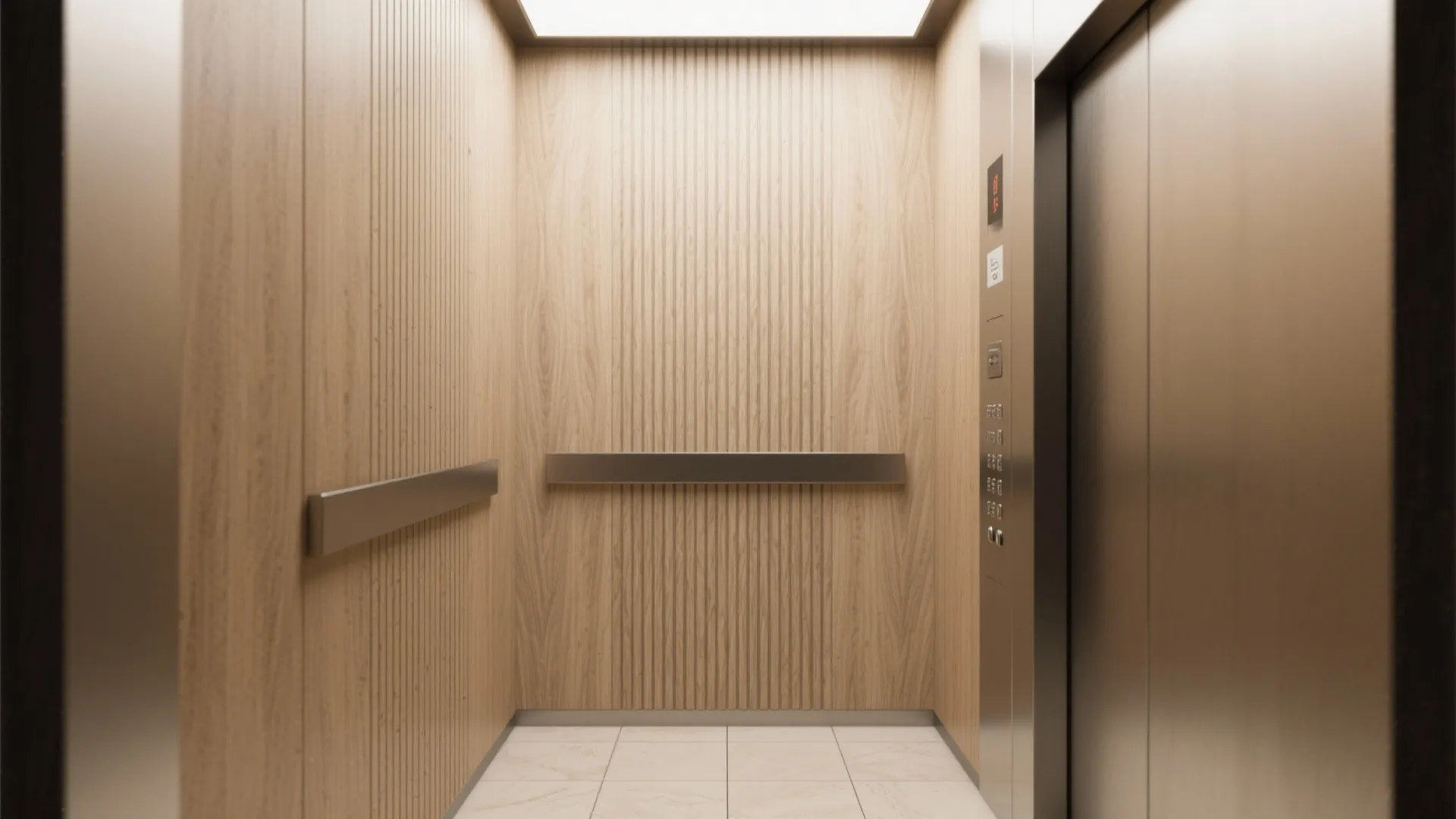 Elevator interior featuring vertical wood wall panels, silver metal handrails, marble floor, and overhead lighting