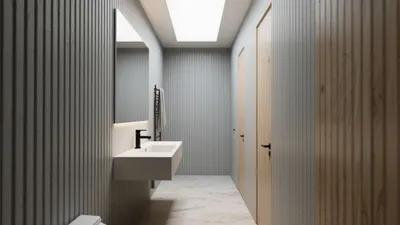 Modern Wood & Grey Bathroom Design with Skylight