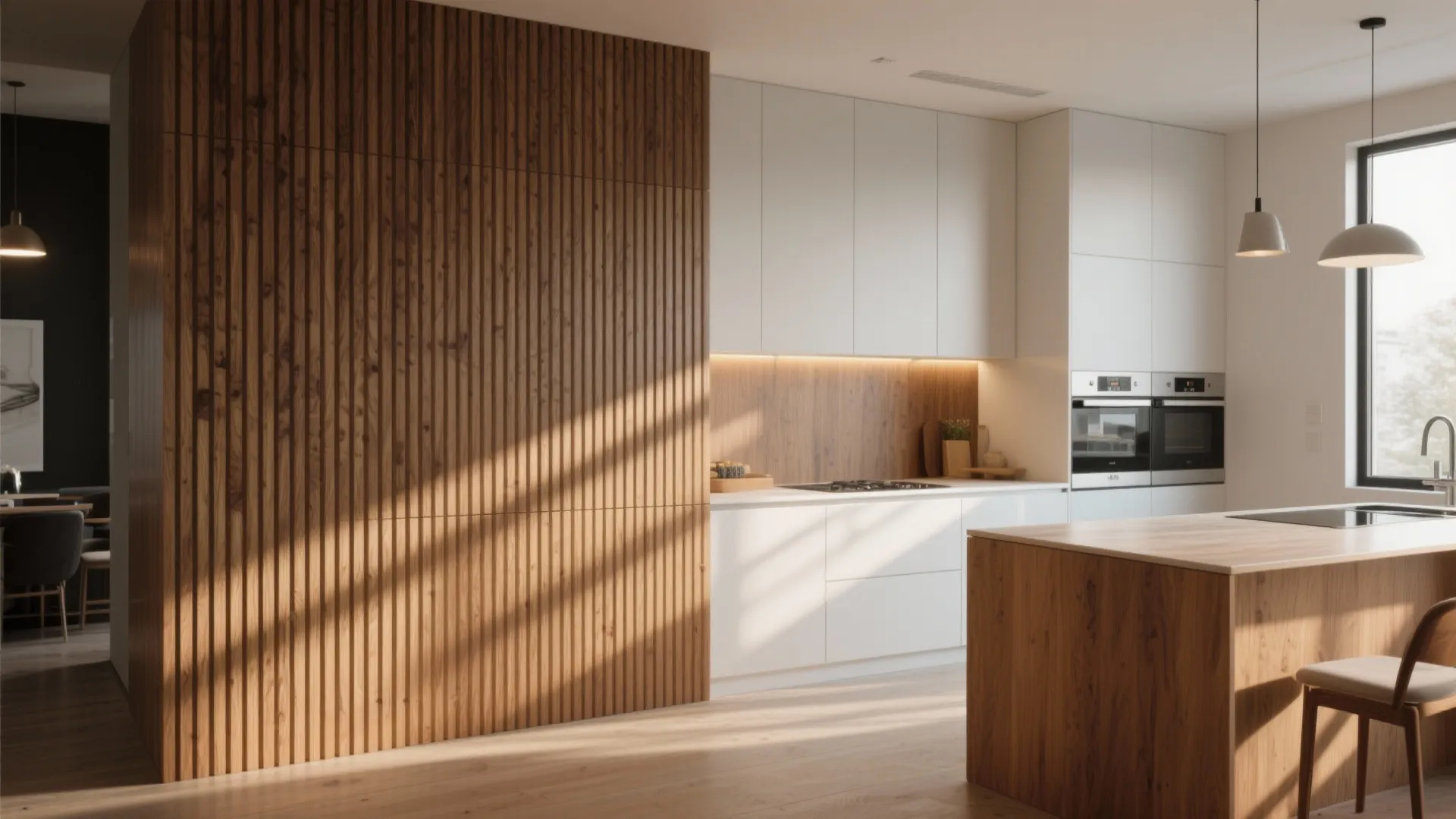 3. Vertical Slatted Panels — Modern warmth and acoustic help