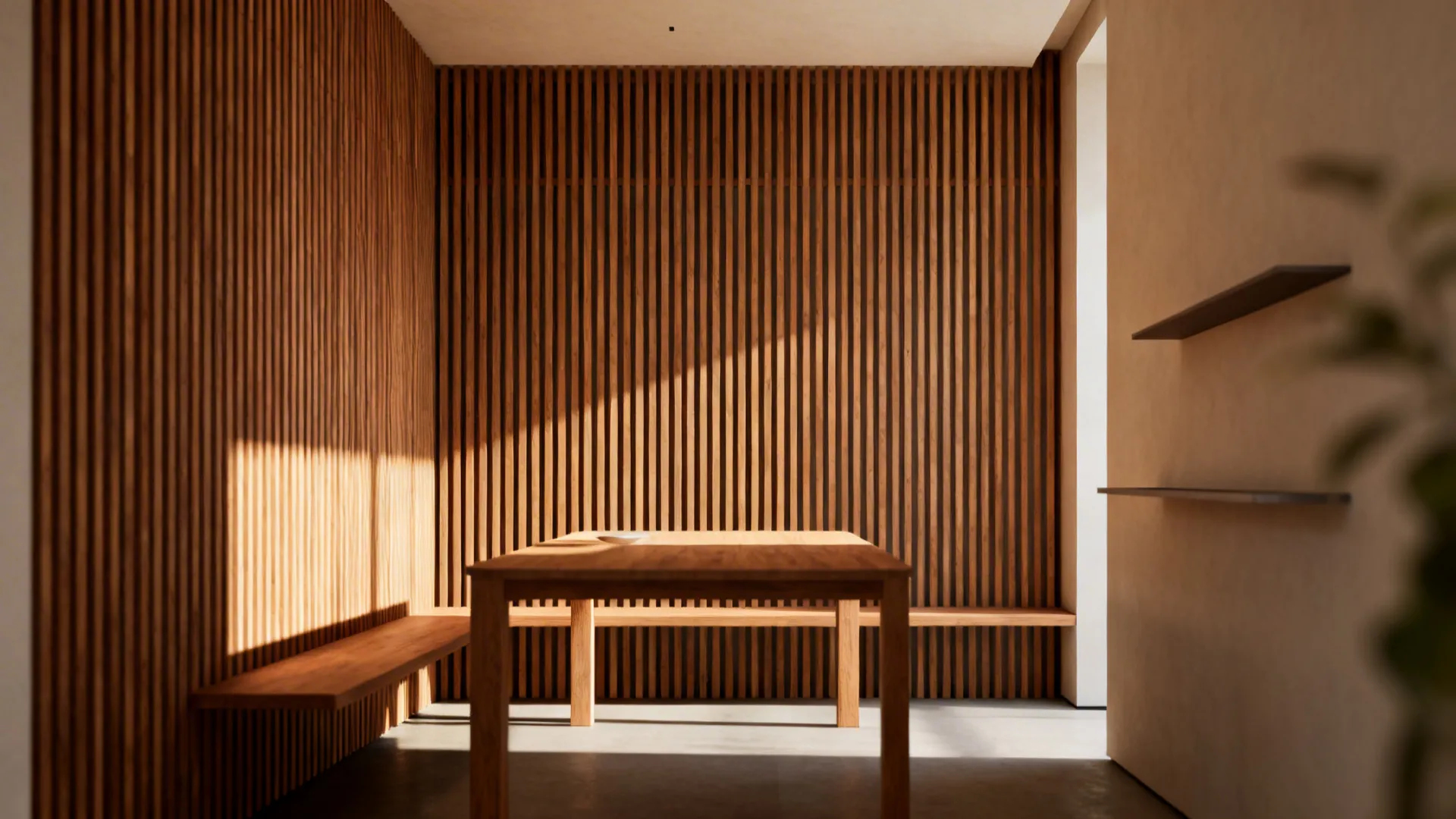 Modern dining area with wooden table and bench against a wall of vertical wood panels