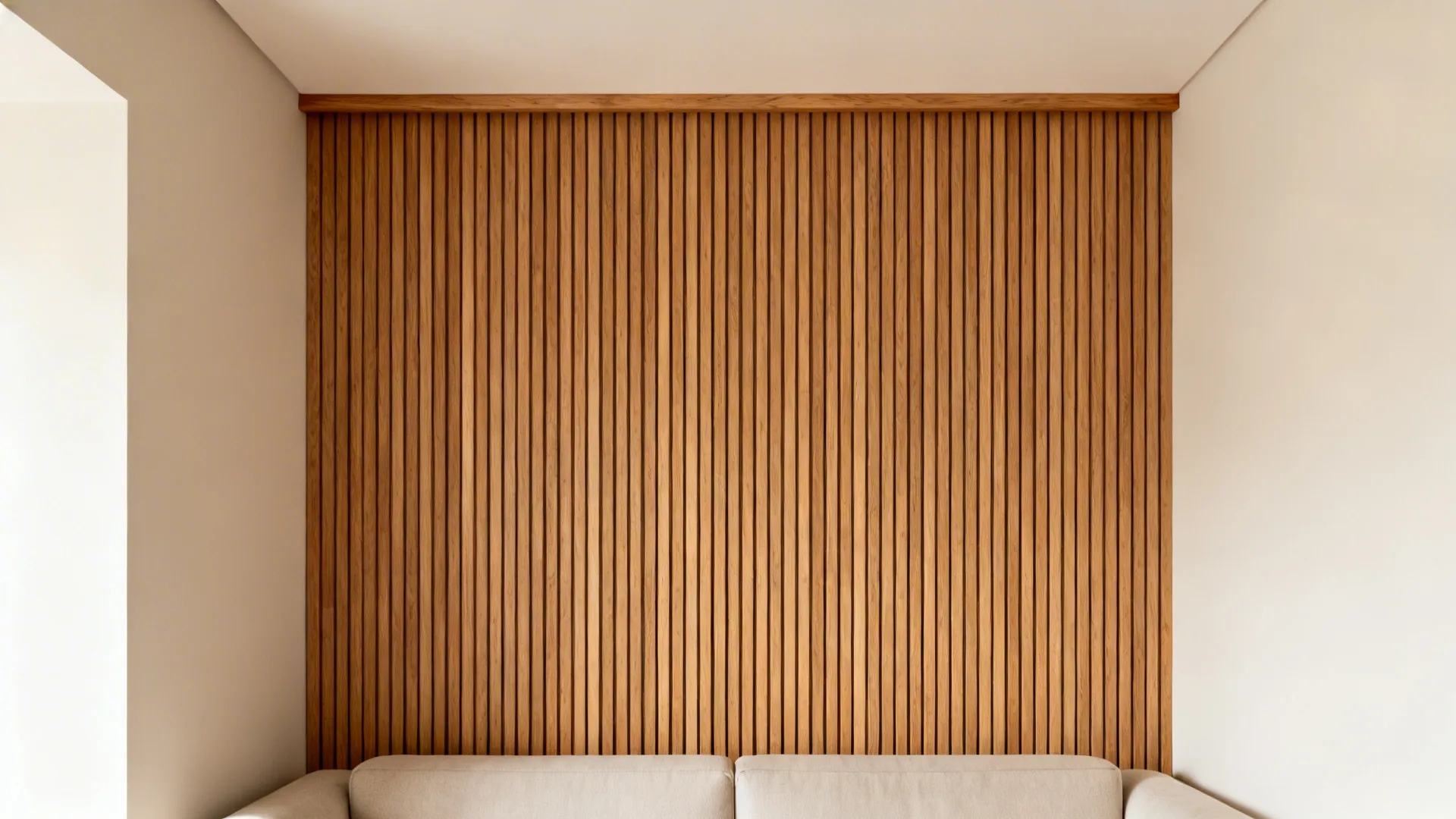 Vertical timber slats meet the ceiling edge, adding height and texture without a drop ceiling.