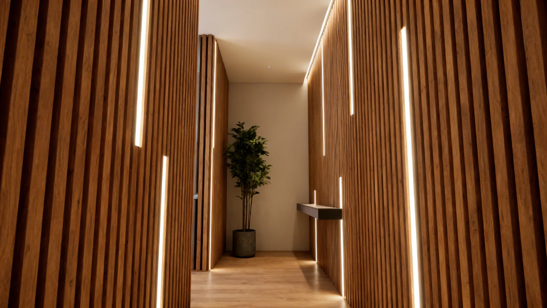 Living area with vertical oak slats and concealed LED lighting creating a taller feel.