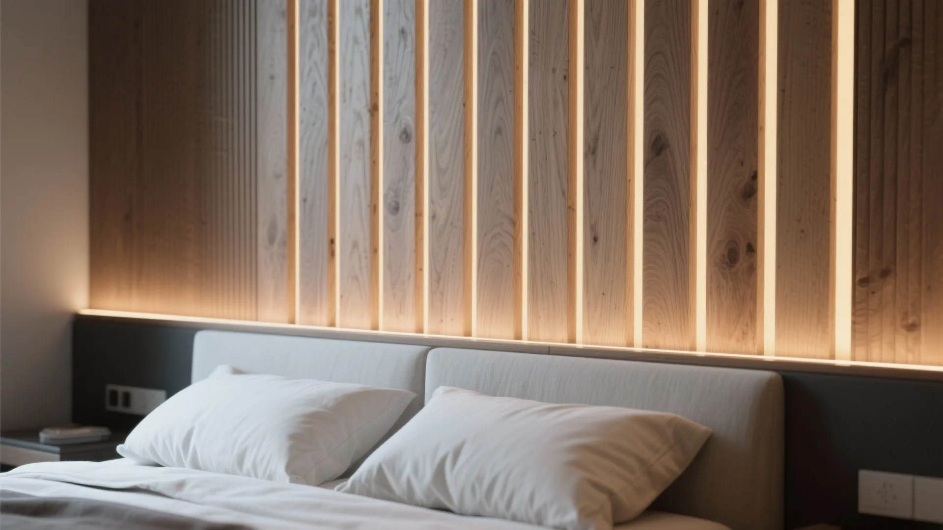 Modern bedroom headboard with vertical wood slats and hidden led light strips for warm ambient lighting