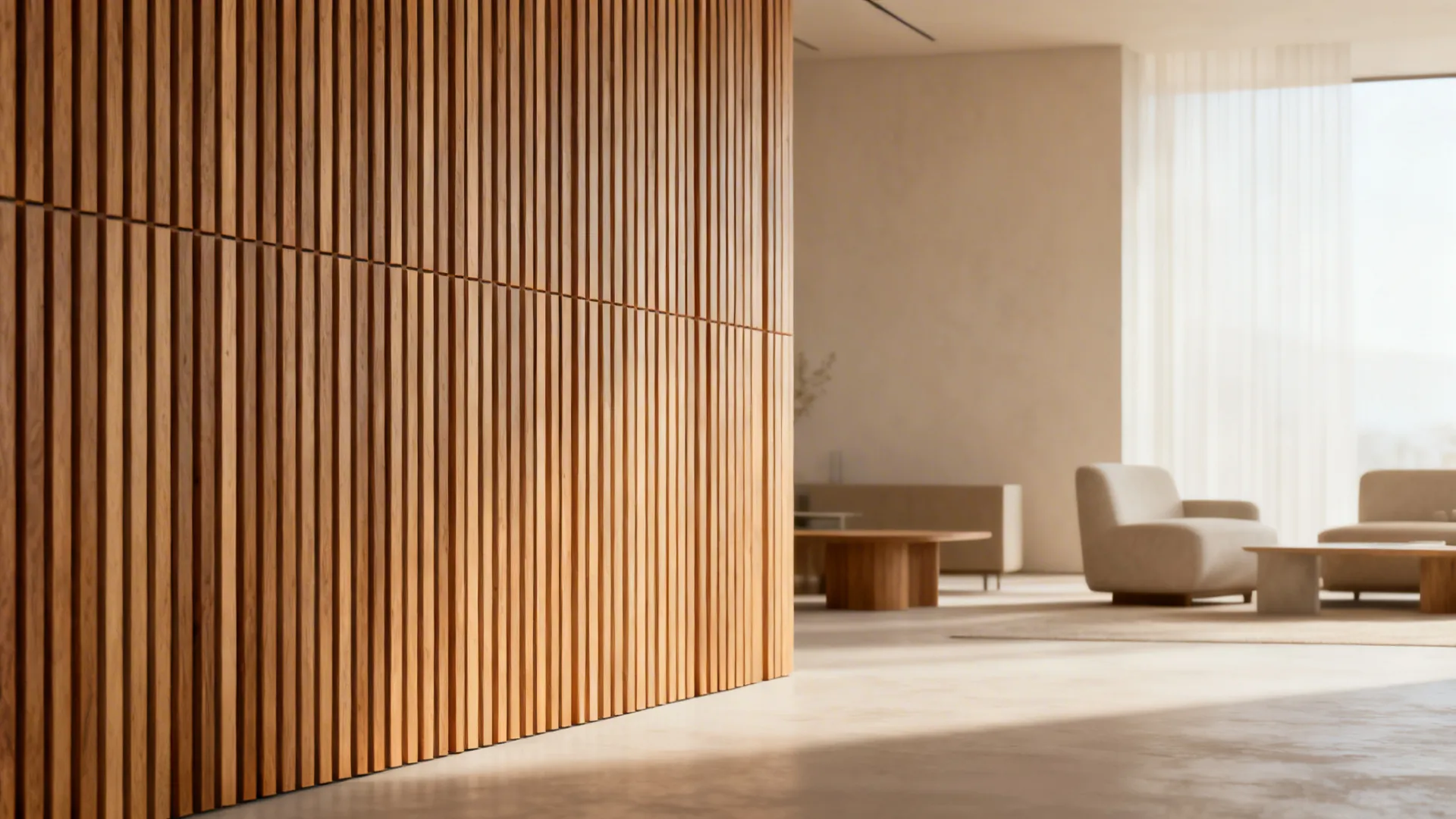 Compact living room with vertical wood slats creating visual height and rhythm