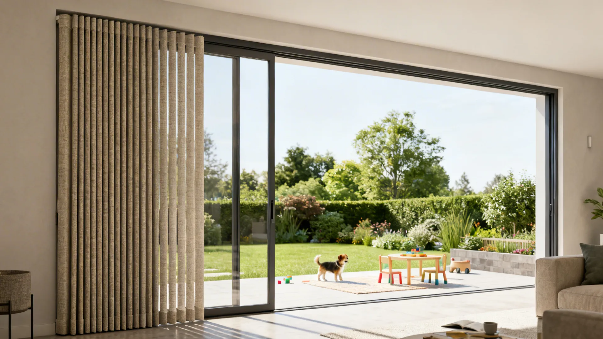 Sliding patio doors with vertical fabric slats stacked to the side, garden view