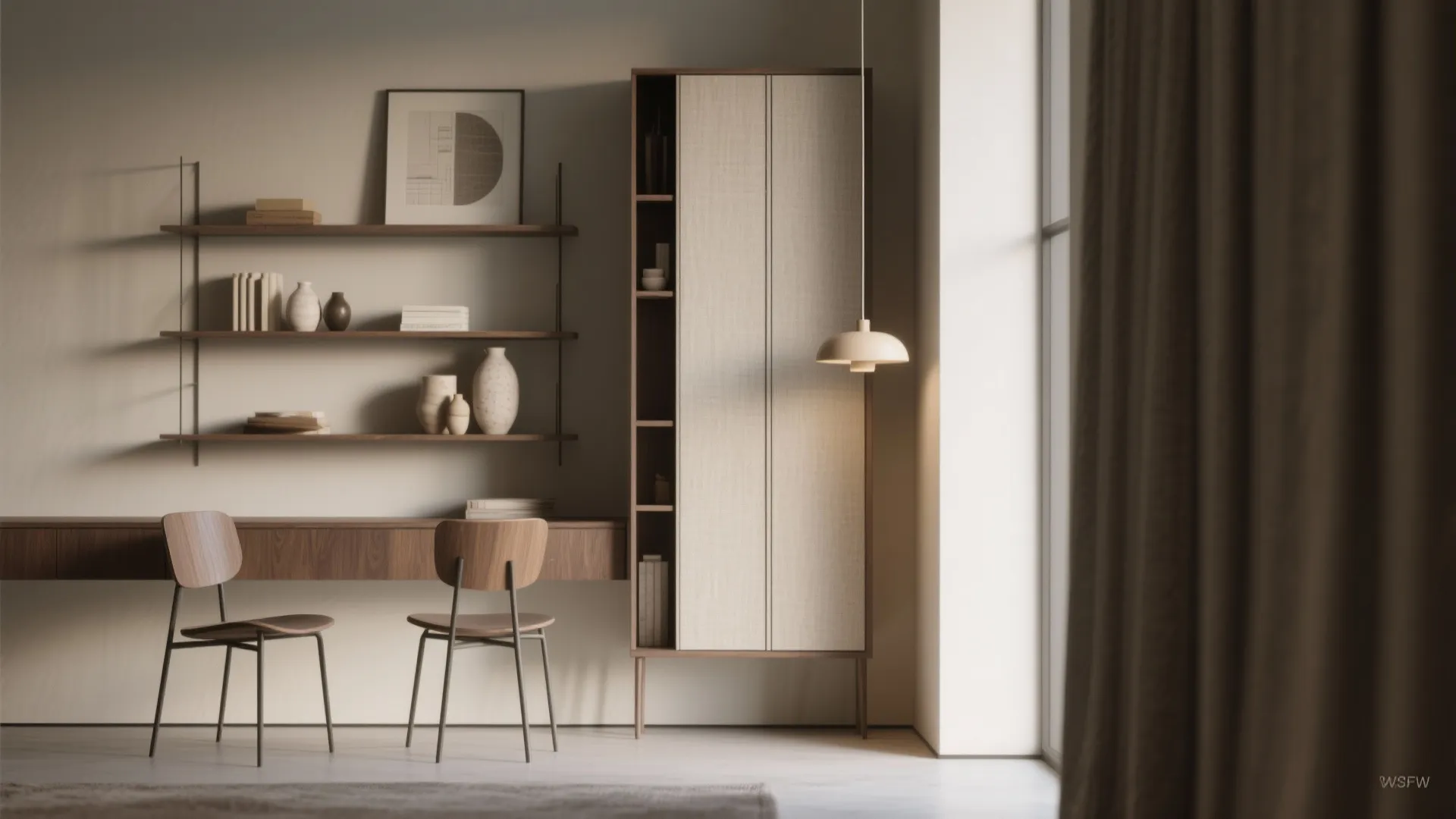 Floating wood desk with wall shelves tall cabinet two chairs and a hanging light fixture