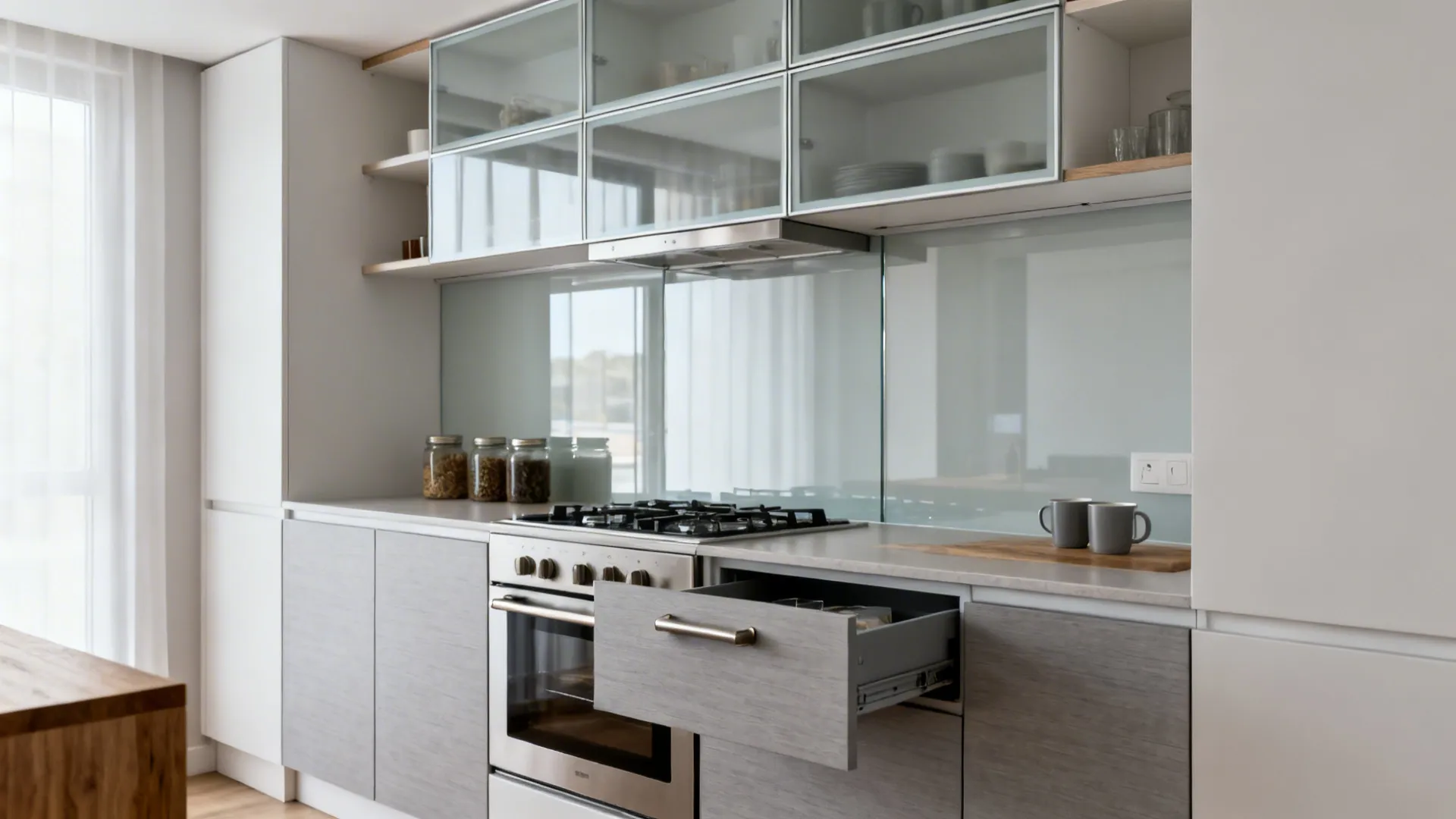 Ceiling-high shallow cabinets and a slim pull-out pantry create airy vertical storage in a tiny kitchen.