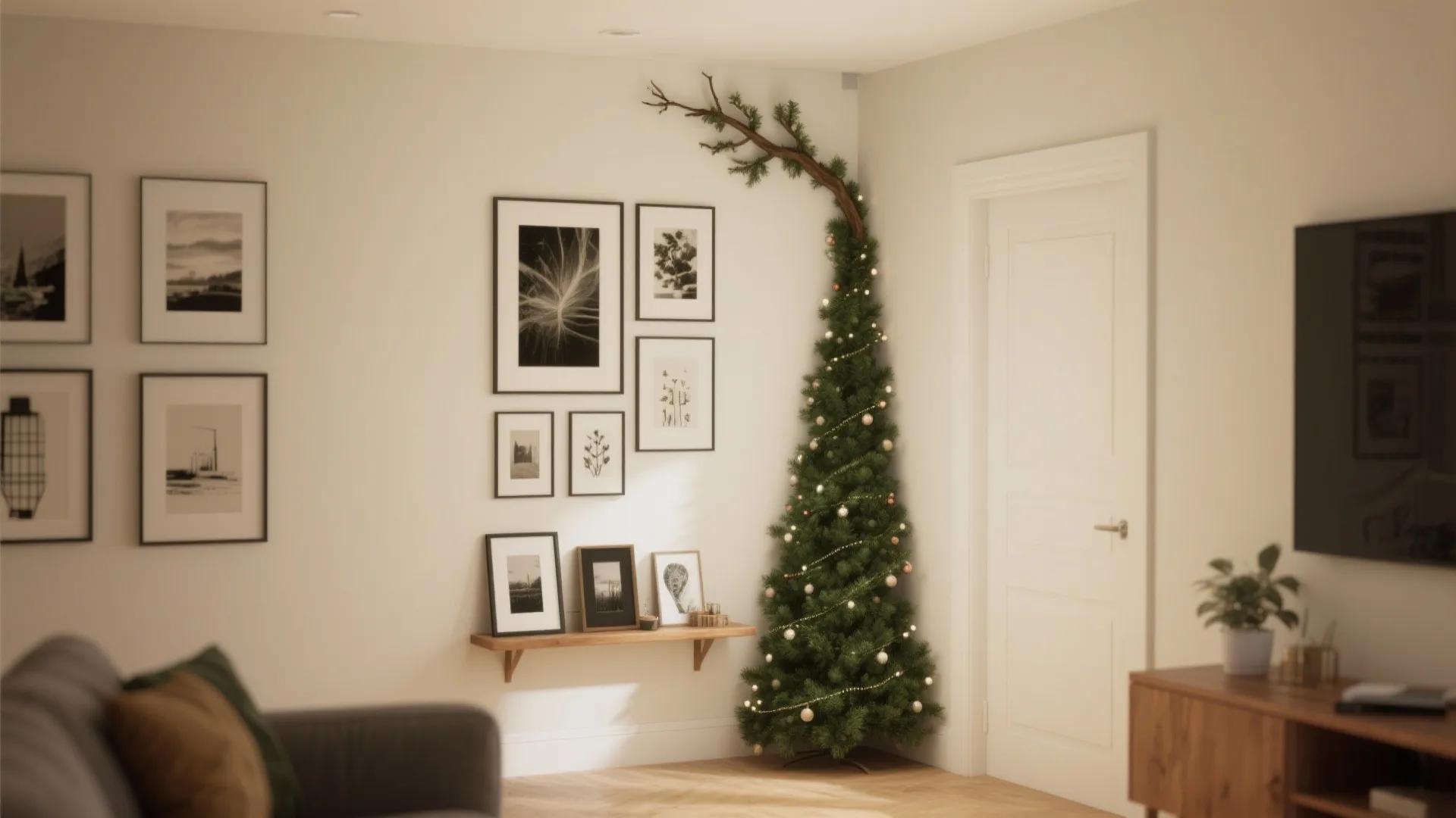 1. Go vertical with a slim tree and wall decor
