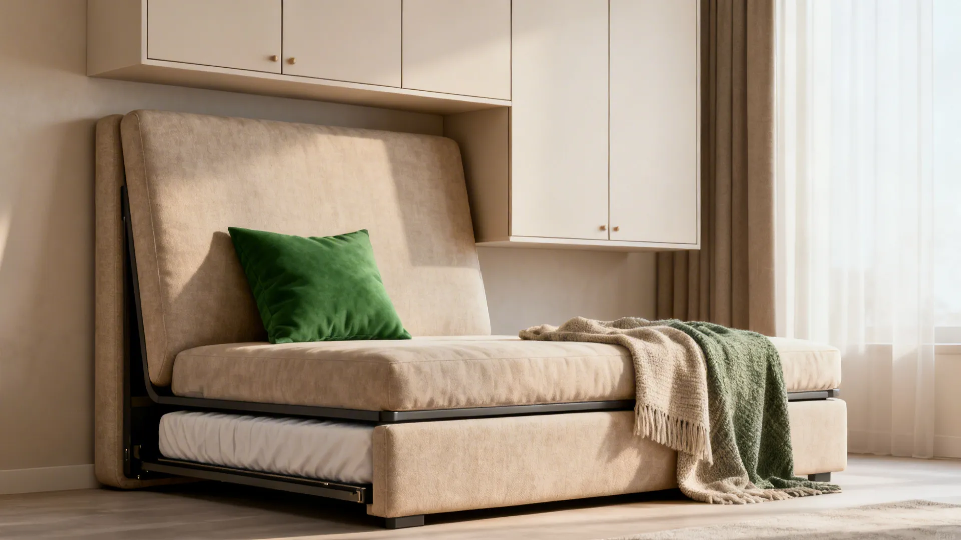 Modern beige sofa bed with green pillow and blanket including a pull-out bed and cabinets