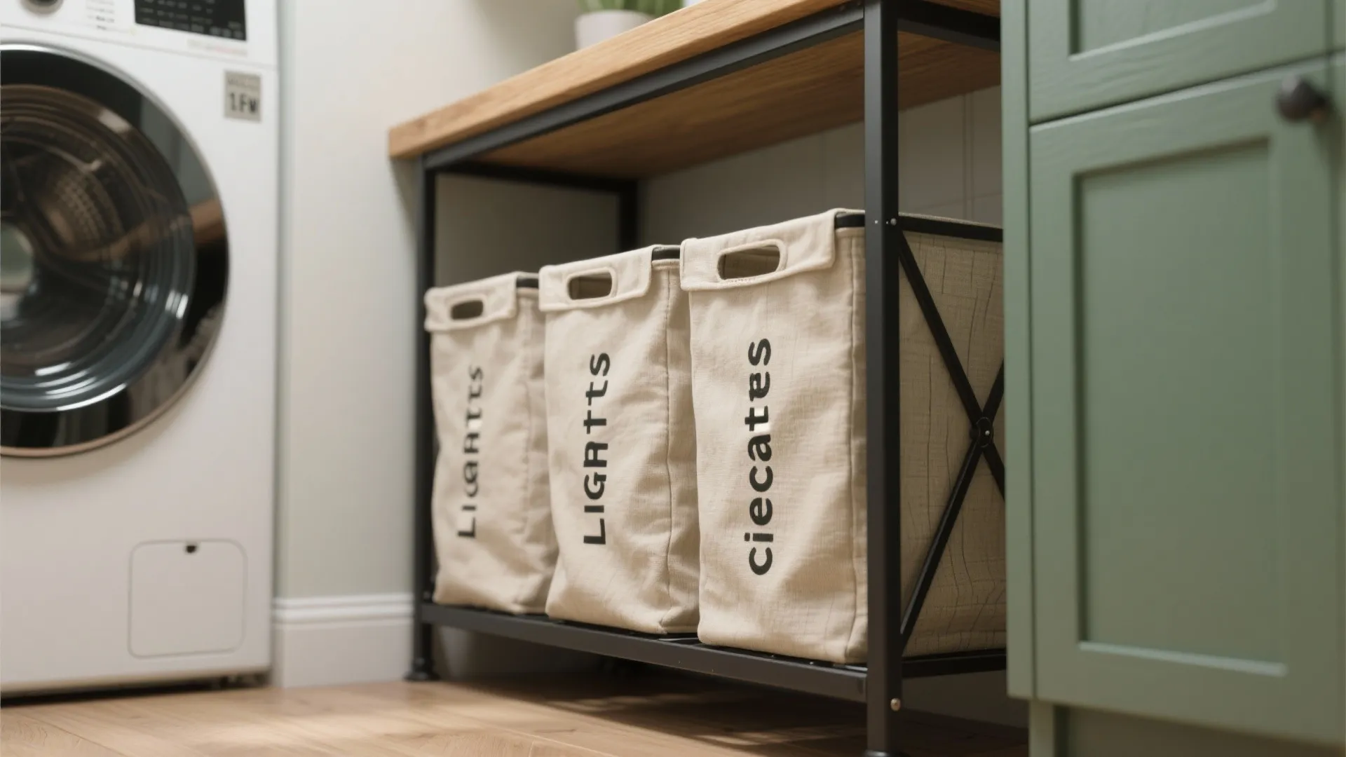 Three fabric laundry baskets organized on a black metal shelf next to a white washing machine
